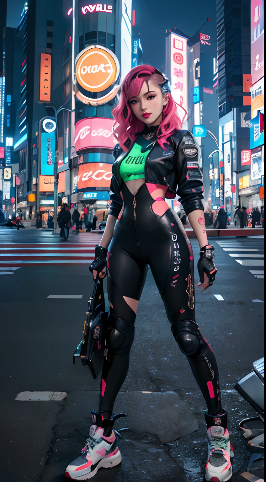 masterpiece, best quality, Confident cyberpunk girl, full body shot, ((standing in front of motorcycle)), Harajuku-inspired pop outfit, bold colors and patterns, eye-catching accessories, trendy and innovative hairstyle, vibrant makeup, Cyberpunk dazzling cityscape, skyscrapers, neon signs, LED lights, bright and vivid color scheme, anime, illustration, detailed skin texture, detailed cloth texture, beautiful detailed face, intricate details, ultra detailed.