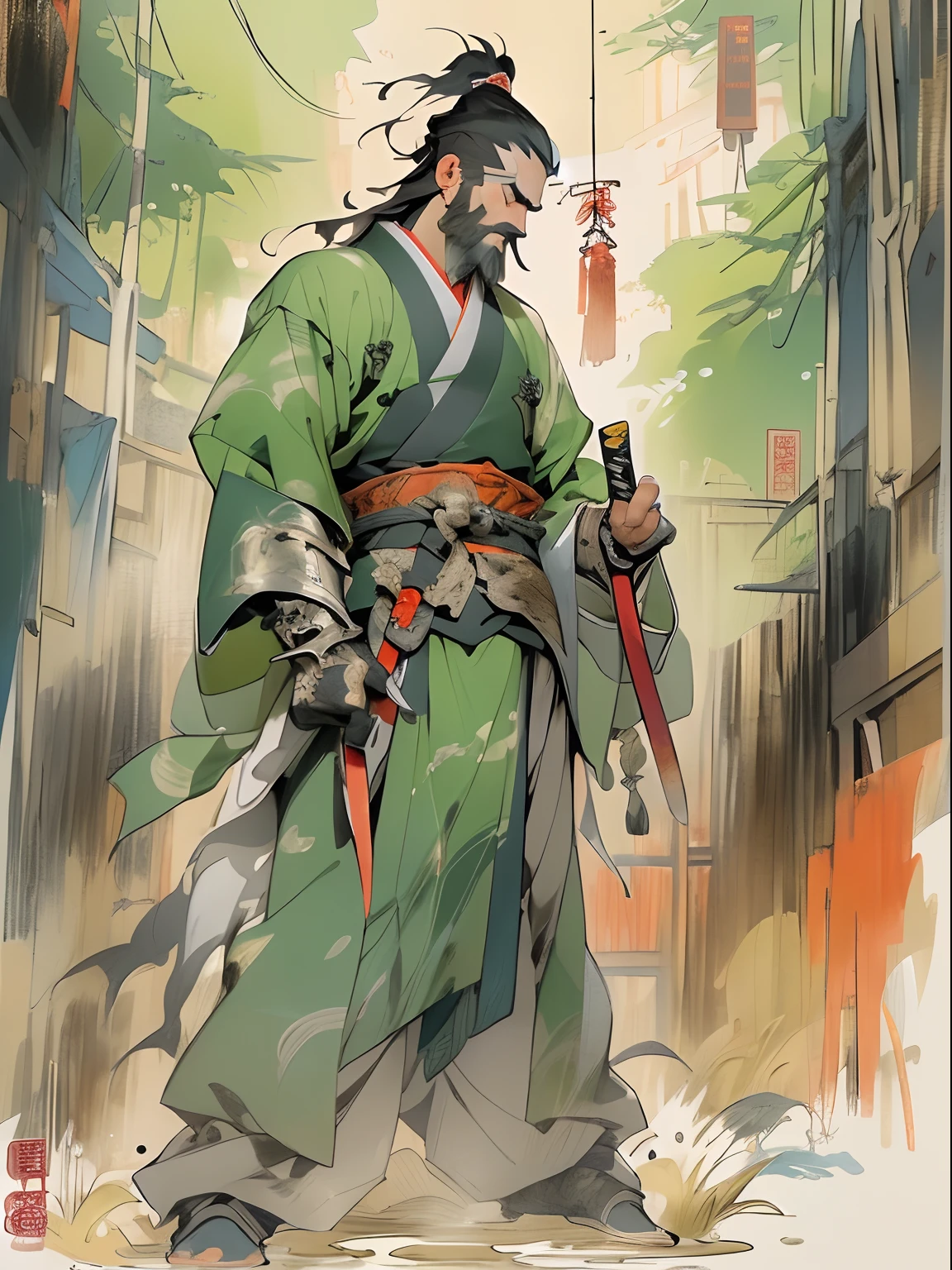 (((China-style，Ink painting method，Half-length portrait，Intense color，Han dynasty, China，Hanfu，Armor，Guan yu，Guan Yunchang，of a guy，Ruddy killing square face，Hold it with your right hand(Close the knife)Qinglong Weir Moon Knife，Stroke your beard with your left hand，Long hair，petty eyes，Green robe))), (((best qualityer))), (((tmasterpiece))), (((AS-Adult))), ((( Japanese ))), Look up from your knees, Handsome Asian samurai，perfect body figure, Modern samurai, ((( Asian))), Wear gloves on your hands，The left arm is made of steel and metal tips，Made of protective devices, The eyes are pulled, (( Appears below the chest )), (( Small dental floss )), Simon Bisley, Almost naked（Simon Bisley）Castle City Wilderness，For high-resolution posters, hair straight, Minimum clothing, armure (Crazy clothes ), Full of tips and rivets, tribal tattoos, (((full bodyesbian))), Straight brunette hair，Colored hair ends