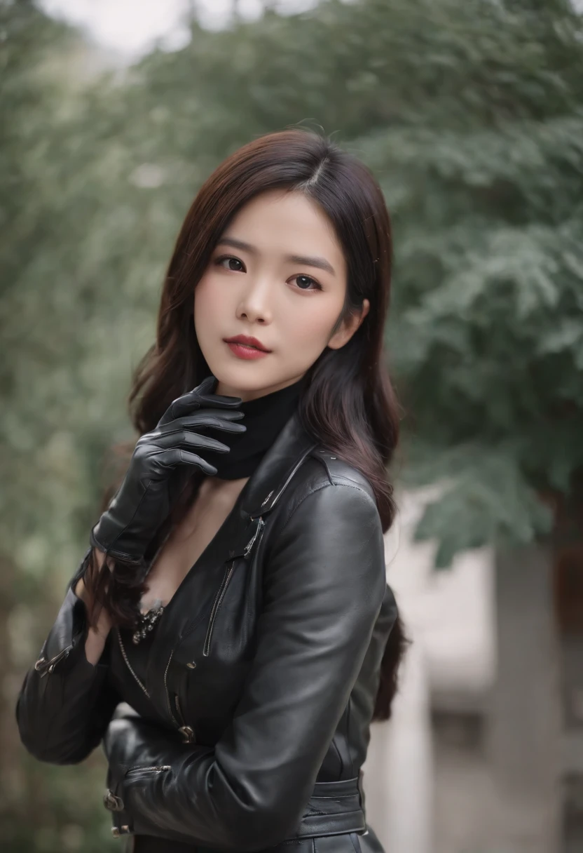 Upper body covered with black leather gloves up to the fingertips in both hands, black leather double riders jacket, slender necklace, beautifully bundled black hair, young and cute Japanese president's room