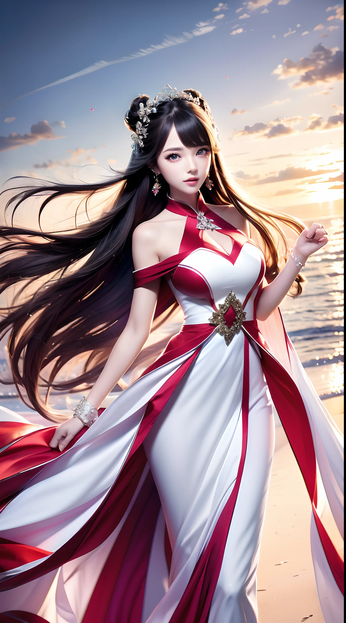 best quality, master, highres,1girl, china dress, super Beautiful face, super beautiful eye, Super beautiful hair Super beautiful face,Super beautiful eyes,Super beautiful hair,long and flowing hair,long whitr hair,Shawl hair,Simple hair accessories,full bodyesbian,Plain white dress,long yarn,Beautiful picture,gentleness