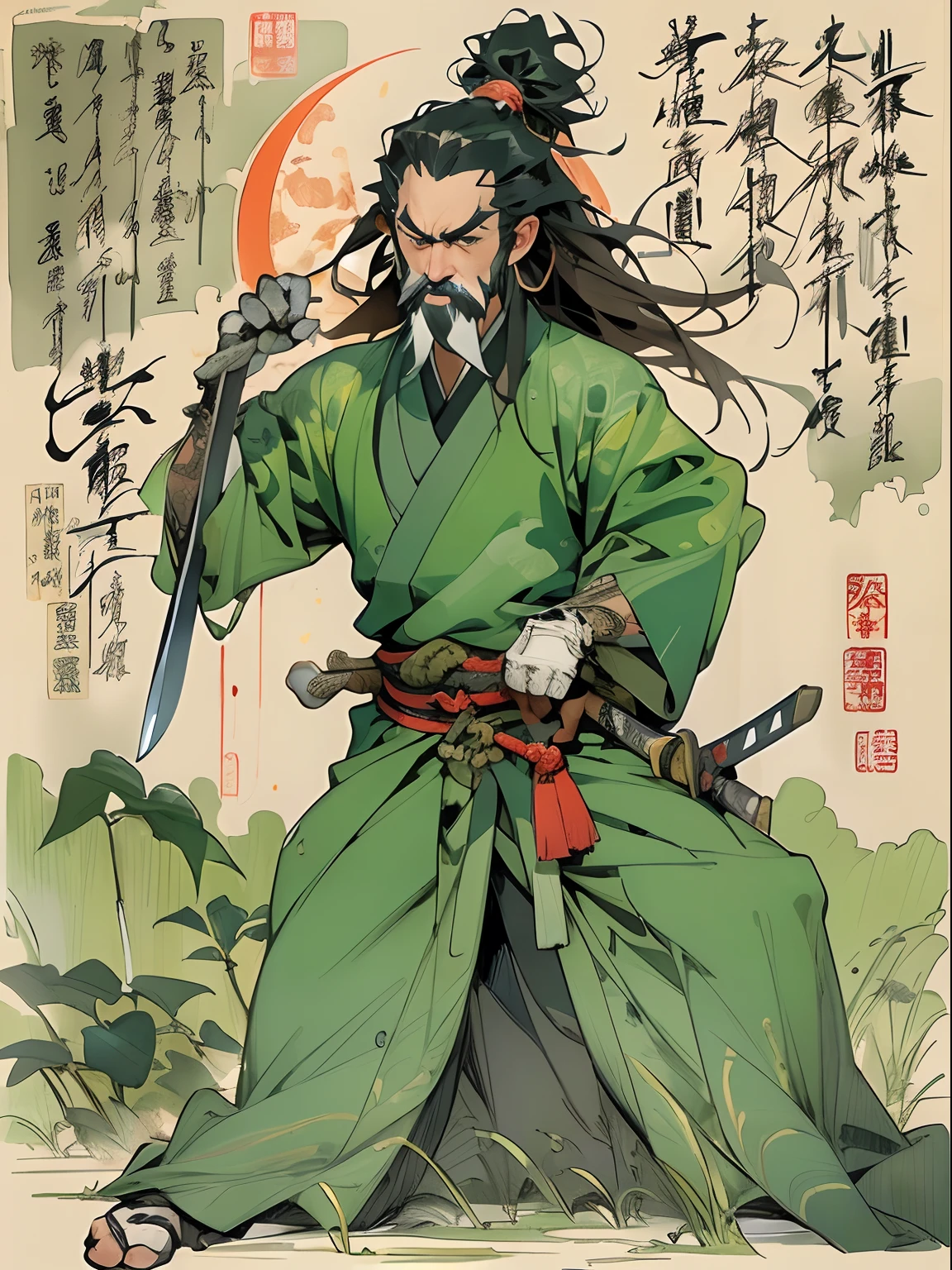 (((China-style，Ink painting method，Half-length portrait，Intense color，Han dynasty, China，Hanfu，Armor，Guan yu，Guan Yunchang，of a guy，Ruddy killing square face，Hold it with your right hand(Close the knife)Qinglong Weir Moon Knife，Stroke your beard with your left hand，Long hair，petty eyes，Green robe))), (((best qualityer))), (((tmasterpiece))), (((AS-Adult))), ((( Japanese ))), Look up from your knees, Handsome Asian samurai，perfect body figure, Modern samurai, ((( Asian))), Wear gloves on your hands，The left arm is made of steel and metal tips，Made of protective devices, The eyes are pulled, (( Appears below the chest )), (( Small dental floss )), Simon Bisley, Almost naked（Simon Bisley）Castle City Wilderness，For high-resolution posters, hair straight, Minimum clothing, armure (Crazy clothes ), Full of tips and rivets, tribal tattoos, (((full bodyesbian))), Straight brunette hair，Colored hair ends