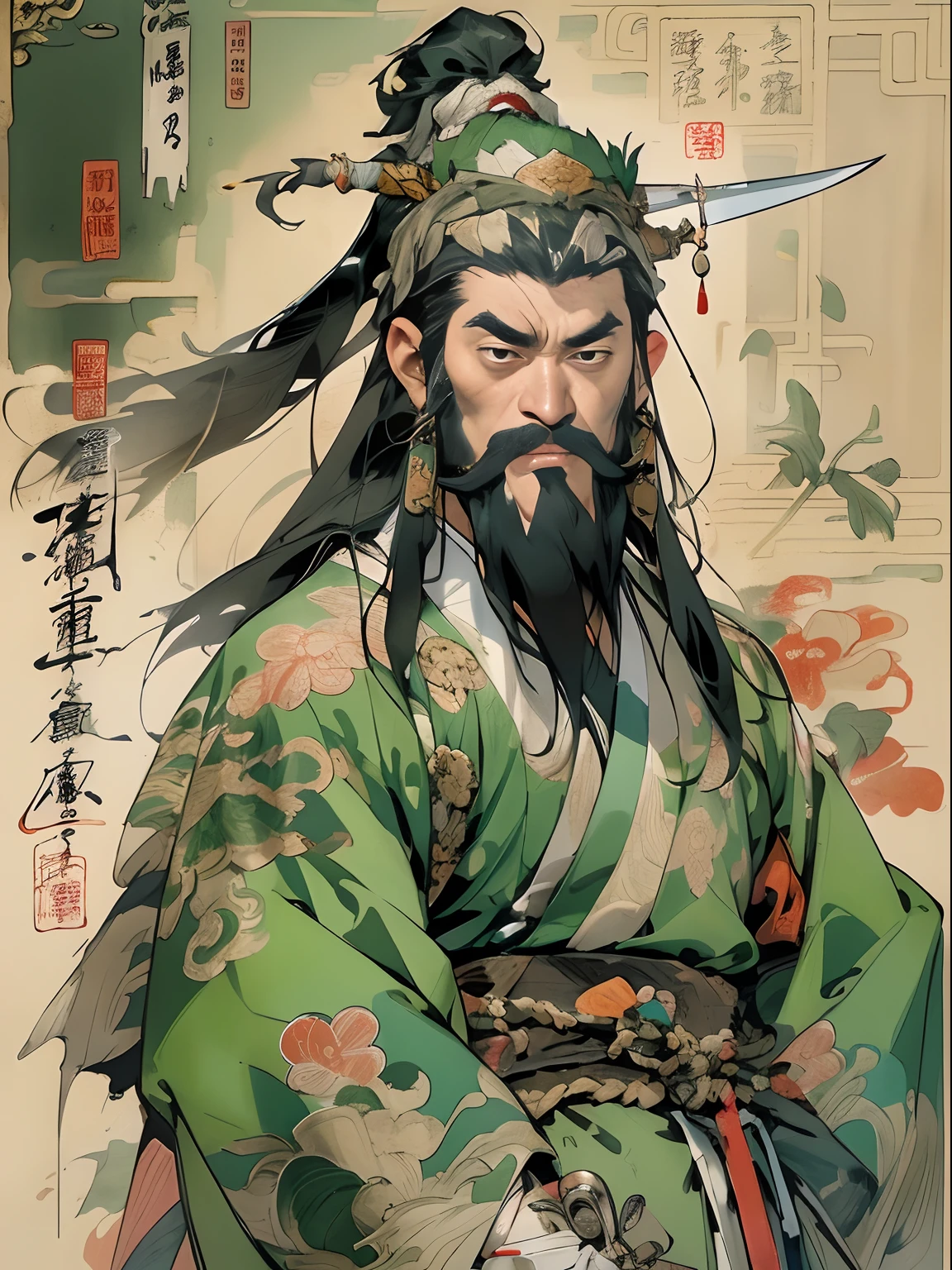 (((China-style,Ink painting method,Half-length portrait,Intense color,Han dynasty, China,Hanfu,Armor,Guan yu,Guan Yunchang,of a guy,Ruddy killing square face,Hold it with your right hand(Close the knife)Qinglong Weir Moon Knife,Stroke your beard with your left hand,Long hair,petty eyes,Green robe))), (((best qualityer))), (((tmasterpiece))), (((AS-Adult))), ((( Japanese ))), Look up from your knees, Handsome Asian samurai,perfect body figure, Modern samurai, ((( Asian))), Wear gloves on your hands,The left arm is made of steel and metal tips,Made of protective devices, The eyes are pulled, (( Appears below the chest )), (( Small dental floss )), Simon Bisley, Almost naked(Simon Bisley)Castle City Wilderness,For high-resolution posters, hair straight, Minimum clothing, armure (Crazy clothes ), Full of tips and rivets, tribal tattoos, (((full bodyesbian))), Straight brunette hair,Colored hair ends
