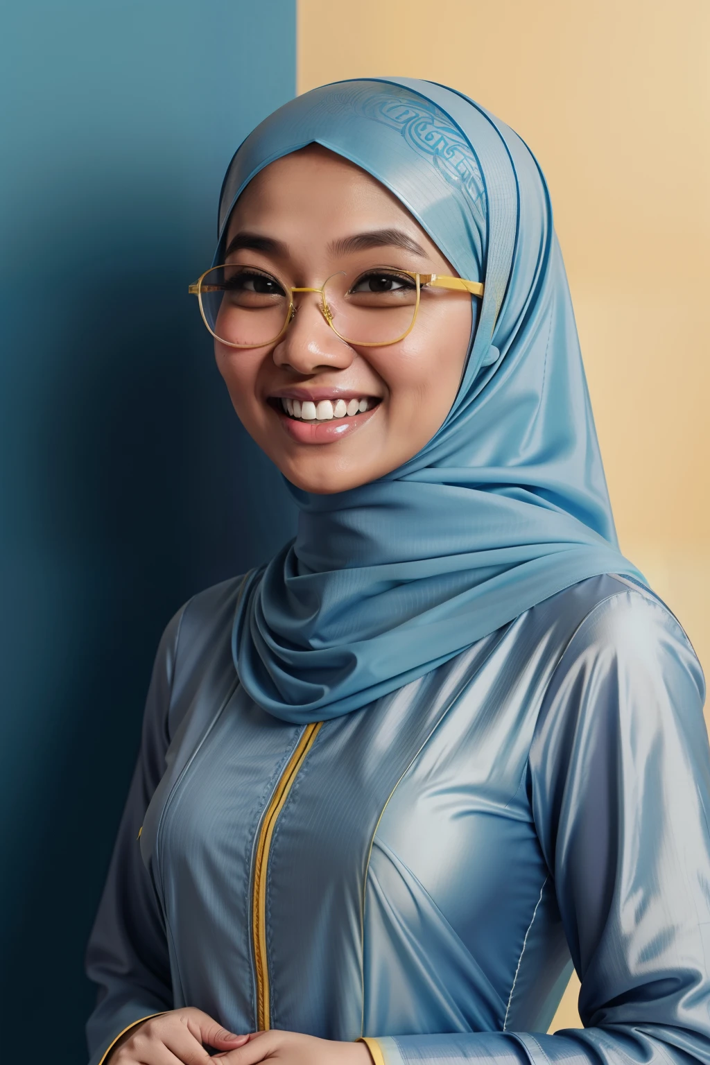 Modest and beautiful Malay woman in a light blue baju kurung in front of a yellow background, laughing, glasses, hijab, mira filzah, full portrait, on a yellow canva, full portrait shot, photo of young malay woman, photo of a woman, potrait, full shot portrait, in yellow background