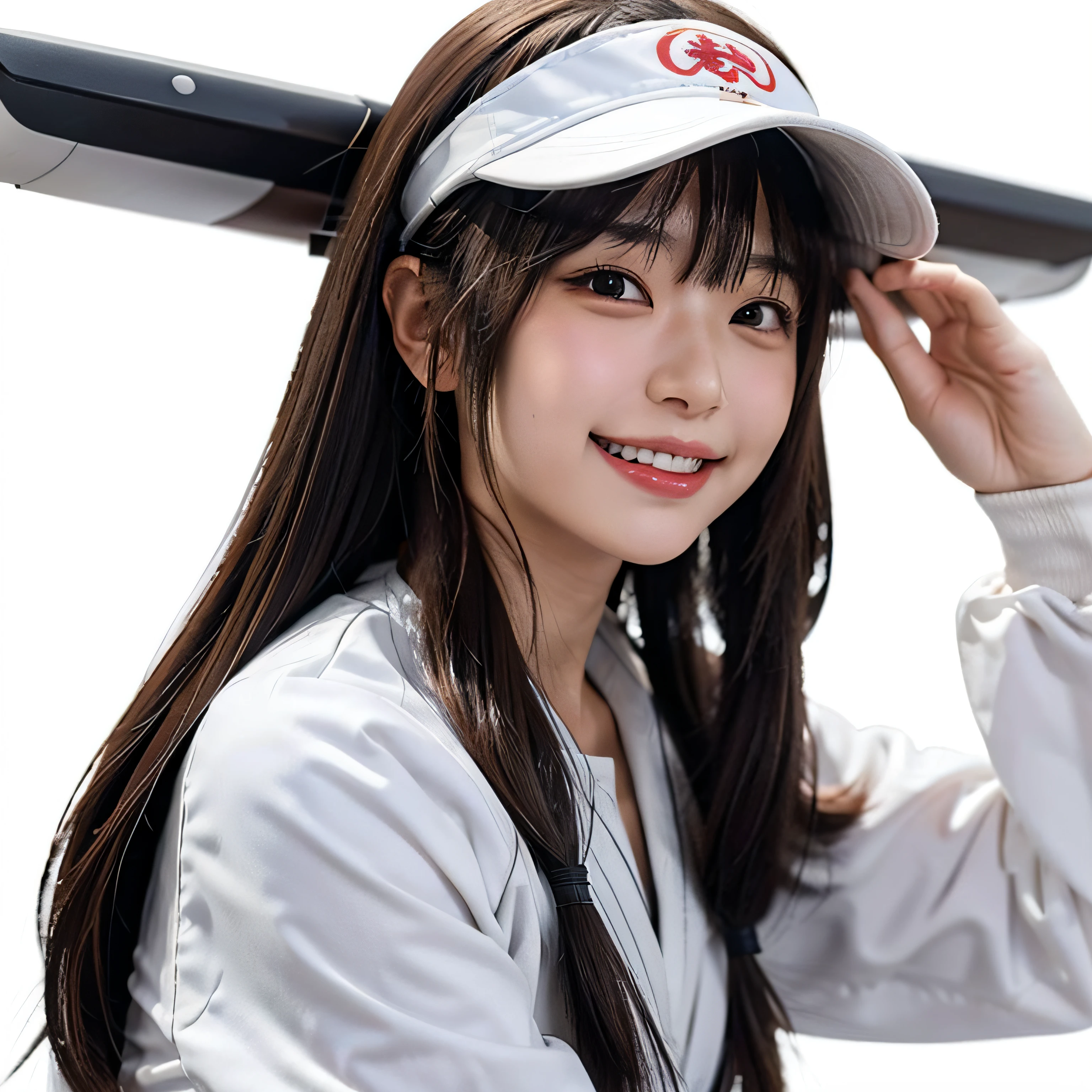 1girl in, Ryujō (kancolle), Solo, Brown hair, Twin-tailed, Brown eyes, Visor Cap, magatama, Open mouth, aircraft, Smile, Planes, White background, komono, Simple background, kariginu, Upper body, Long hair