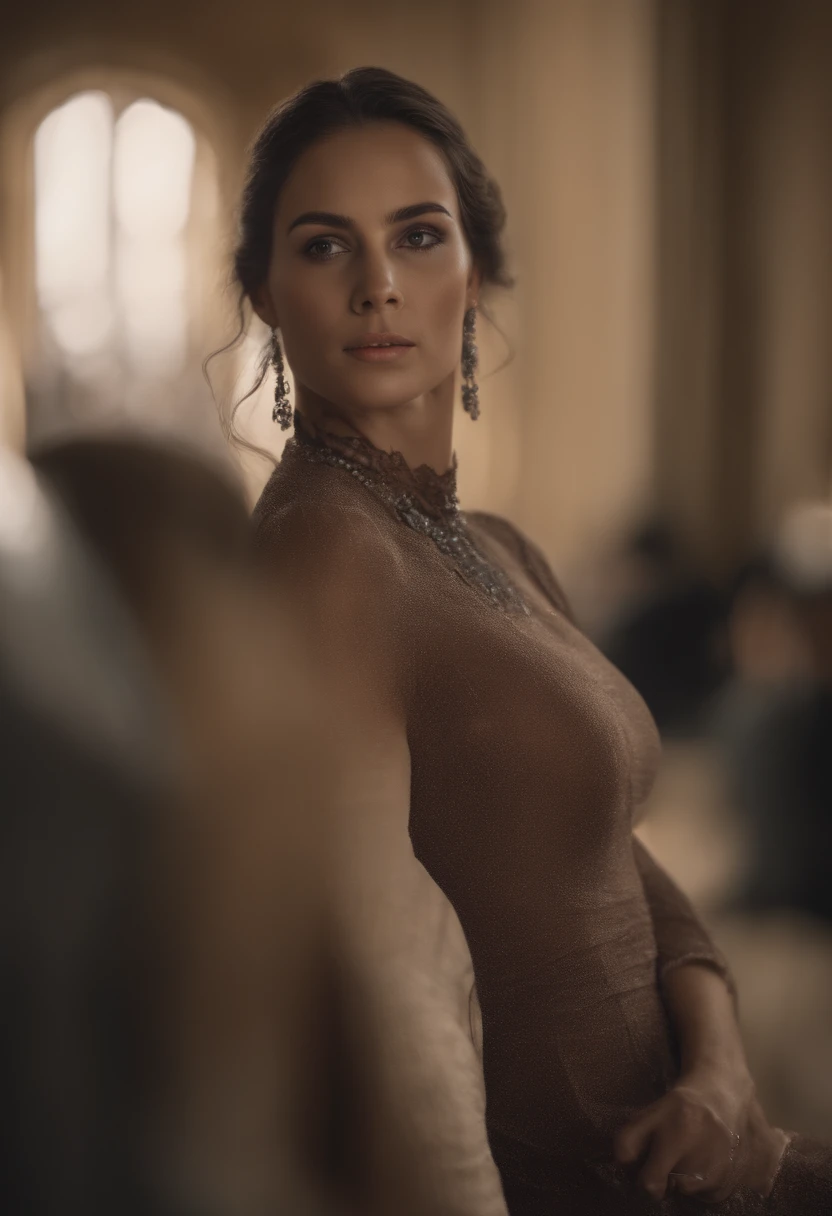 high definition), fit into picture, morena baccarin from behind, (((nude))), (in center), bdsm, firm high breast, (((gourgeous nude ass))), (leash), slave, (((handcuffs))), stage at carnevale, (pale), (short bobcut hair), (((bangs))), slave collar, (purple bow in hair),