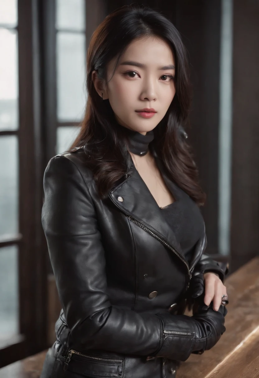Upper body covered with black leather gloves up to the fingertips in both hands, black leather double riders jacket, slender necklace, beautifully bundled black hair, young and cute Japanese president's room