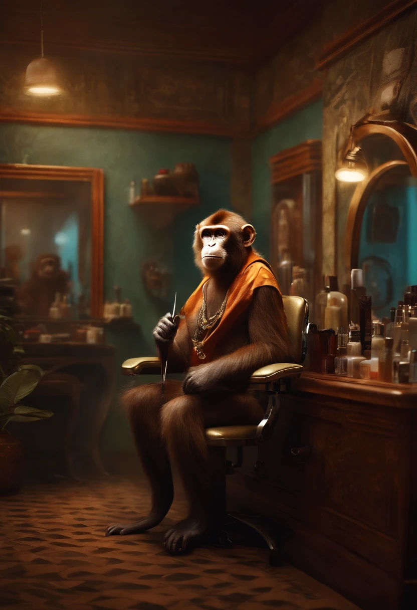 "Humanoid monkey hairdresser in his salon waiting for his clients" (realistic illustration)