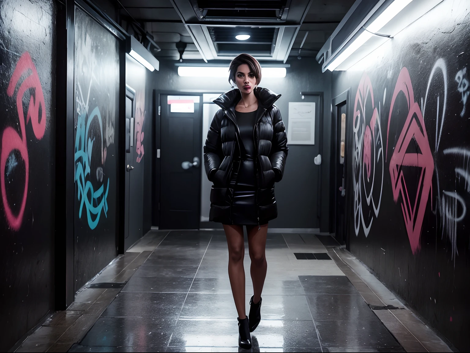 A photo of a woman in a public bathroom captures the allure of a tall, skinny figure with short hair, wearing a sexy black dress and a black puffer jacket, standing in front of graffiti-covered walls; the dimly lit space accentuates the wet hair glistening under a neon sign, while her red lips add a touch of intrigue