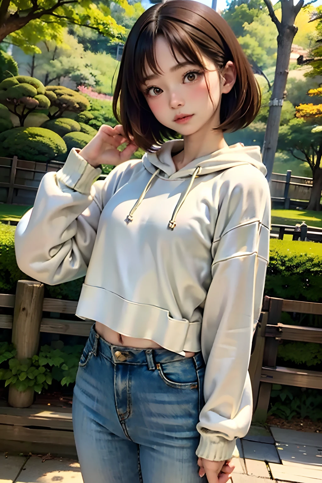 top-quality、masutepiece、portlate、parfect anatomy、独奏、1人の女性、japanes、24 year old、Women with small breasts、Brown short bob、Long sleeve hoodie、Long sleeve hoodie、Old Denim、plein air、Explore Central Park、stroll