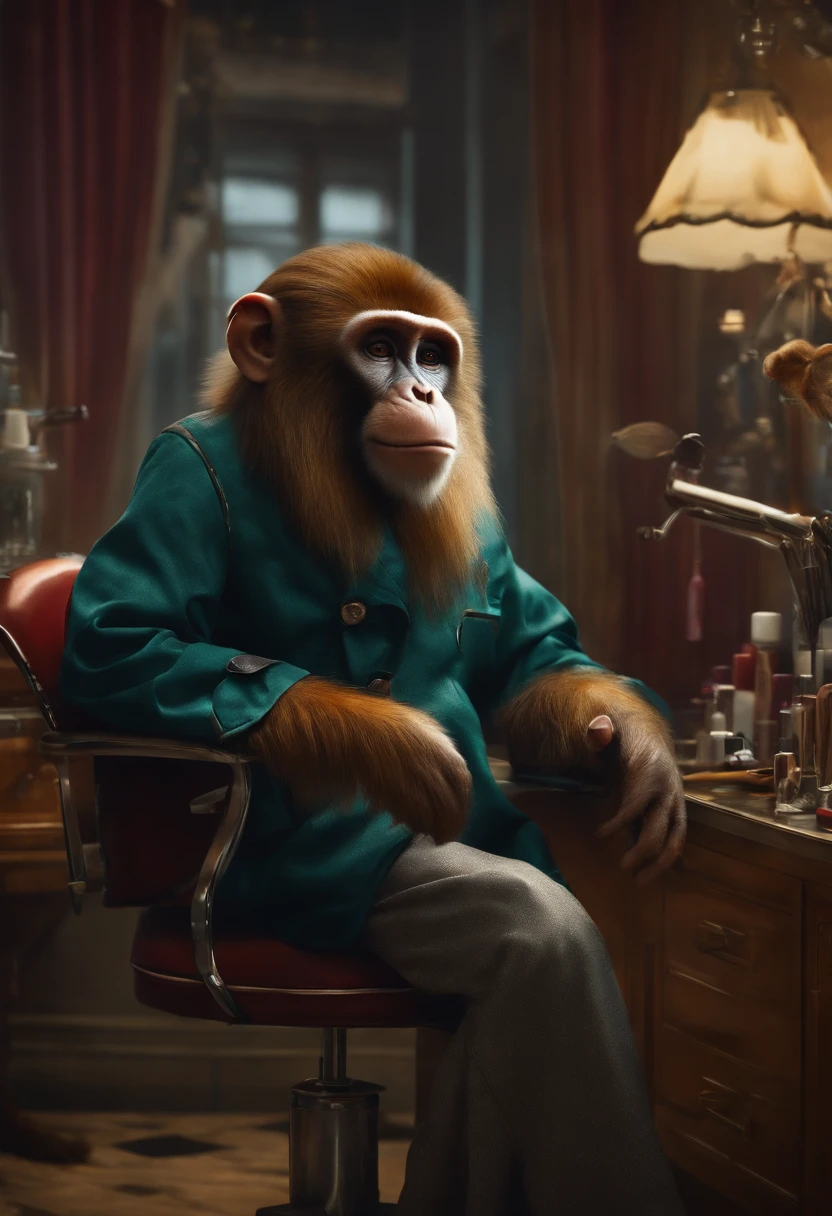 "Humanoid monkey hairdresser in his salon waiting for his clients" (realistic illustration)