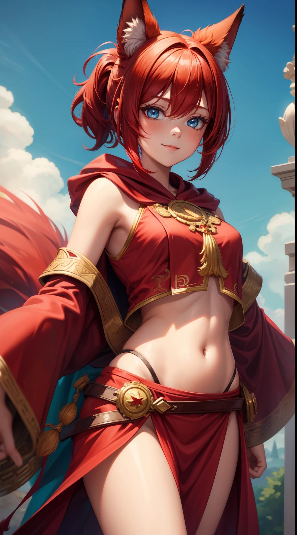 young girl, short red hair, high ponytail, Cyan eyes, Red Old Slavonic robe, open belly, ssmile, Fox ears, Fox tails, Masterpiece, hiquality, high detail, HD, 4k