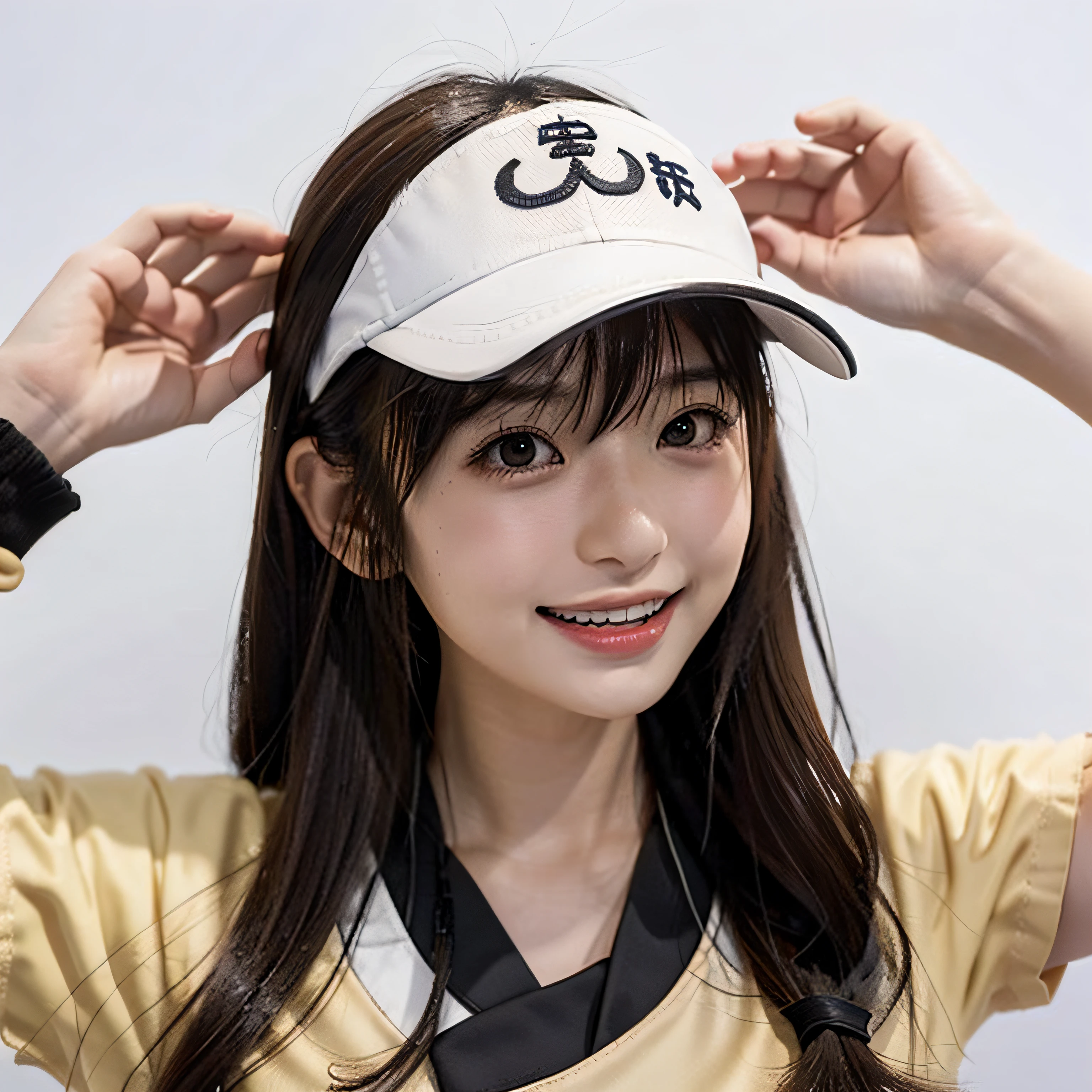 1girl in, Ryujō (kancolle), Solo, Brown hair, Twin-tailed, Brown eyes, Visor Cap, magatama, Open mouth, aircraft, Smile, Planes, White background, komono, Simple background, kariginu, Upper body, Long hair