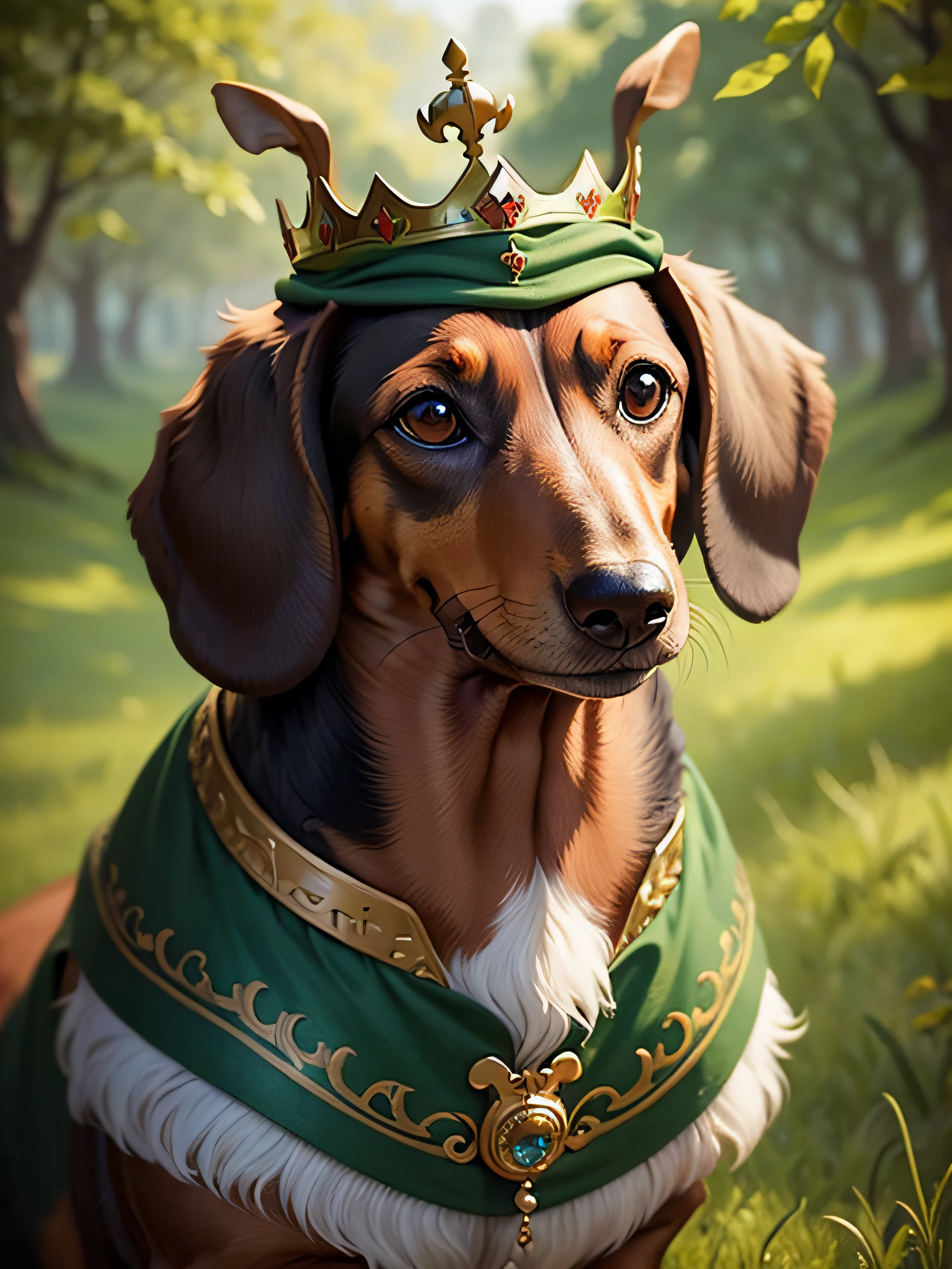 A DACHSHUND WEARING A CROWN MEDIEVAL OILPAINTING MAJESTIC IN THE GREEN SCENERY