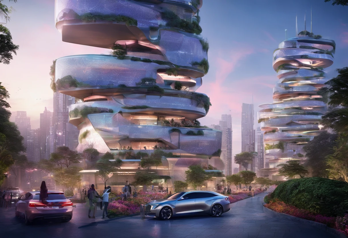 Urban design of the future,The shape of the building is special,There is a sense of design,aestheticly pleasing,Renderings,There are flowers,There are greenery, Rich in color