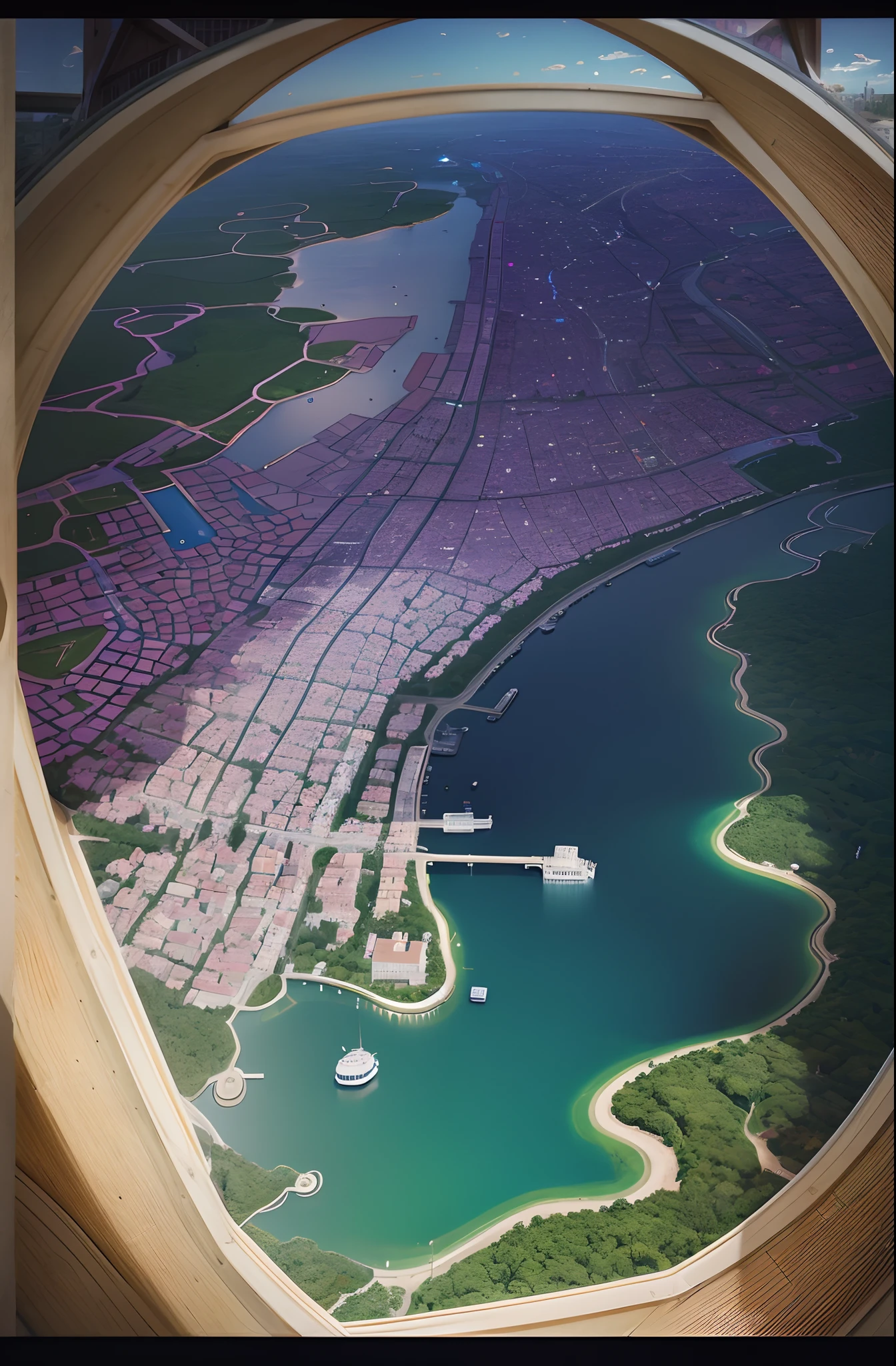 There is a picture of the city with a map, 城市, There is a circular lake in the middle,Large area of dense and blurred houses,Dotted, Game map, poster for, Blue-purple,Scenes,Ultra-clear details,8K,No Man,Scene graph,background-image,There is no outer layer of windows
