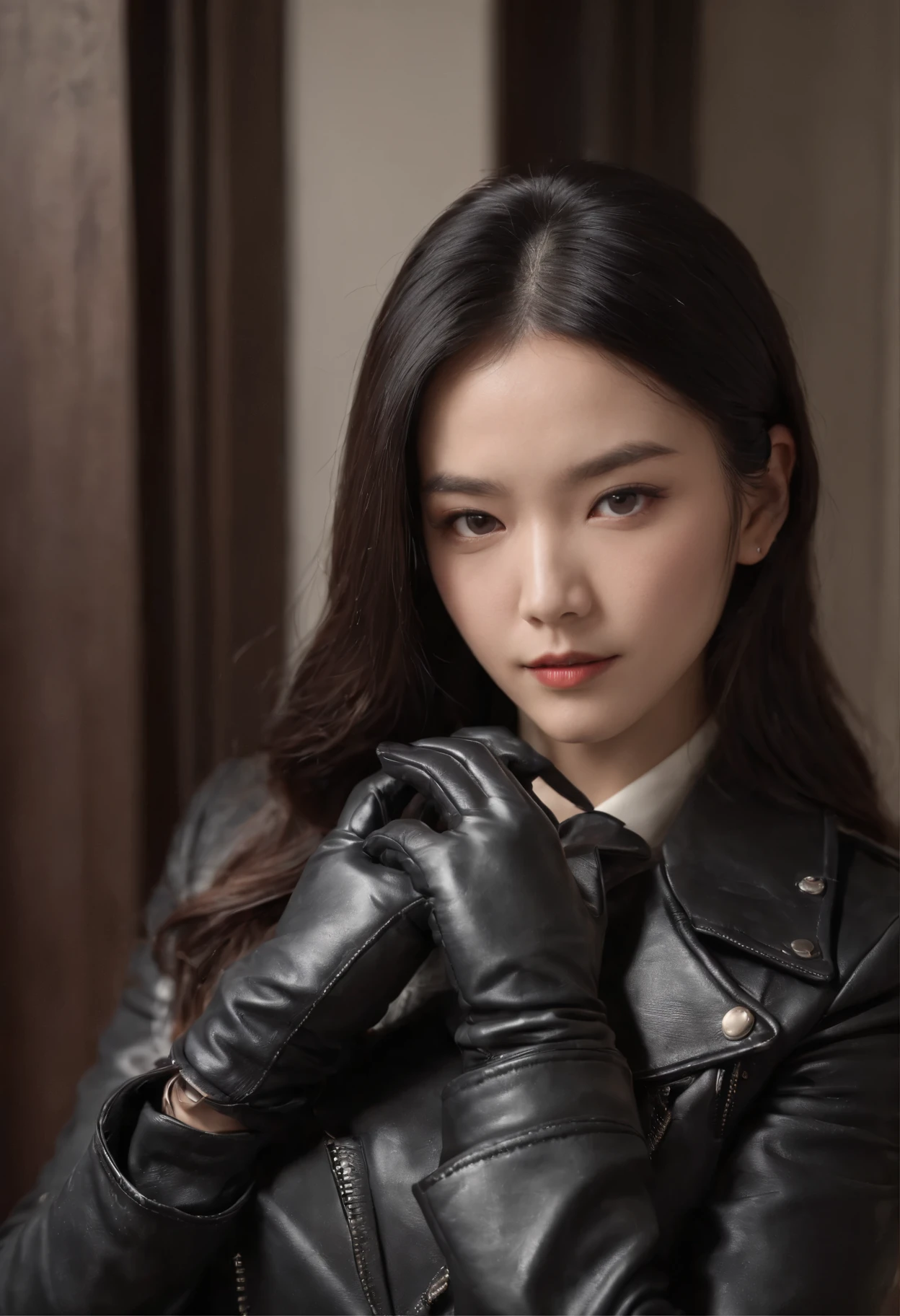 Upper body covered with black leather gloves up to the fingertips in both hands, black leather double riders jacket, slender necklace, beautifully bundled black hair, young and cute Japanese president's room