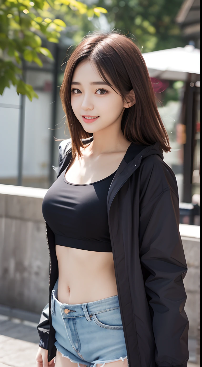 The 8k quality、Top image quality、超A high resolution、​masterpiece、Photorealsitic、Raw photography、超A high resolution、21-year-old Korean、small tits、Dynamic angles、Cowboy Shots、smil、Laugh、The most beautiful forms chaos、elegent、Brutalist design、Vibrant colors、a short bob、smil、shiny white skin、Beautiful eyes with random colors、very thin lips、Beautiful eyes in every detail、Beautiful double eyelids、light chestnut hair、a park、Daytime outdoor、Overall、Black crop top、parka、hotpants、shot from a side angle、
