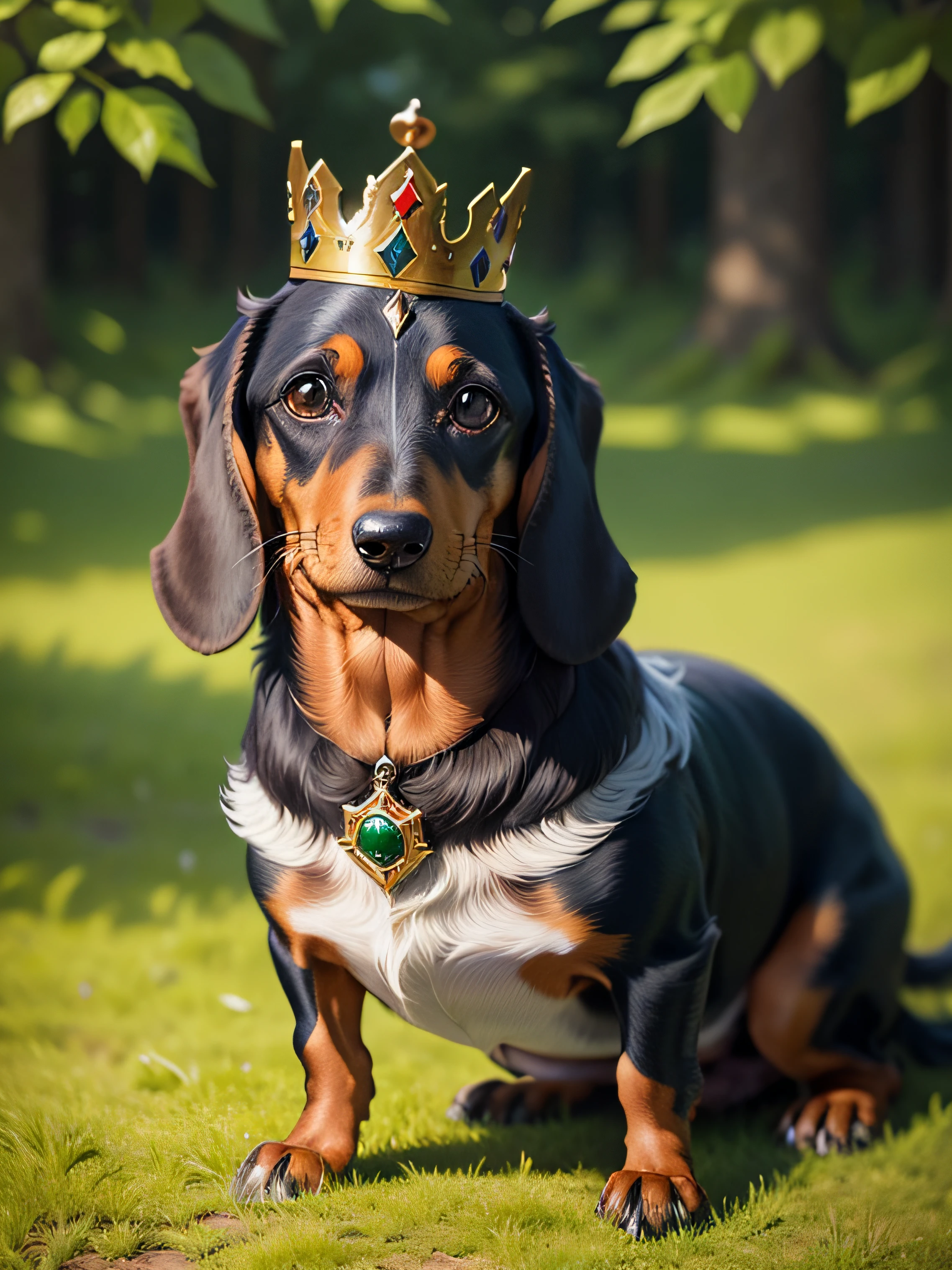 A DACHSHUND WEARING A CROWN MEDIEVAL OILPAINTING MAJESTIC IN THE GREEN SCENERY