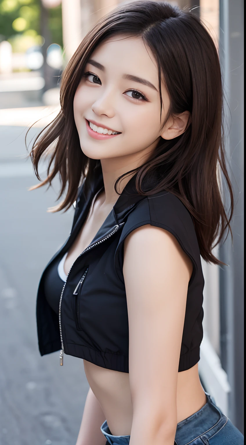 The 8k quality、Top image quality、超A high resolution、​masterpiece、Photorealsitic、Raw photography、超A high resolution、21-year-old Korean、small tits、Dynamic angles、Cowboy Shots、smil、Laugh、The most beautiful forms chaos、elegent、Brutalist design、Vibrant colors、a short bob、smil、shiny white skin、Beautiful eyes with random colors、very thin lips、Beautiful eyes in every detail、Beautiful double eyelids、light chestnut hair、a park、Daytime outdoor、Overall、Black crop top、parka、hotpants、shot from a side angle、