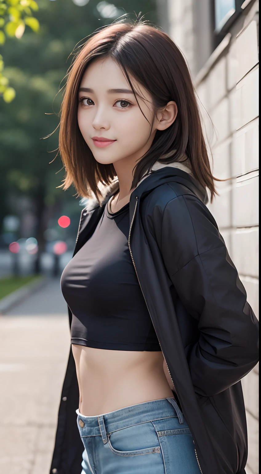 The 8k quality、Top image quality、超A high resolution、masterpiece、Photorealsitic、Raw photography、超A high resolution、21-year-old Korean、small tits、Dynamic angles、Cowboy Shots、smil、Laugh、The most beautiful forms chaos、elegent、Brutalist design、Vibrant colors、a short bob、smil、shiny white skin、Beautiful eyes with random colors、very thin lips、Beautiful eyes in every detail、Beautiful double eyelids、light chestnut hair、a park、Daytime outdoor、Overall、Black crop top、parka、hotpants、shot from a side angle、