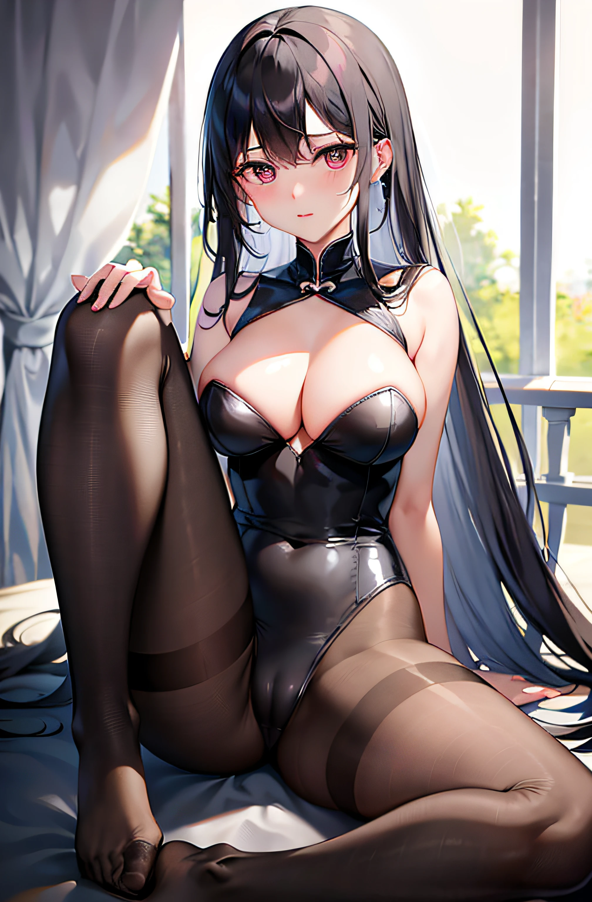 Best quality at best, 超高分辨率, femele, big breasts beautiful, care, adolable, intriguing, Love yourself with all your heart, setia, Gorgeous Hair in Long Purple, , Very nice perfect hands,perfect foot,with perfect legs,Black pantyhose,、slender leg,Silk feet,black pantyhoses,black lence stockings,Perspectiveal,blackstockings,Black tights,blackstockings,Type M,legs separated,opening legs,low chest,cleavage,long leges,cropped shoulders,No shoes,bends his knees,squatt,Hold your legs,knee hugging,focus on the feet