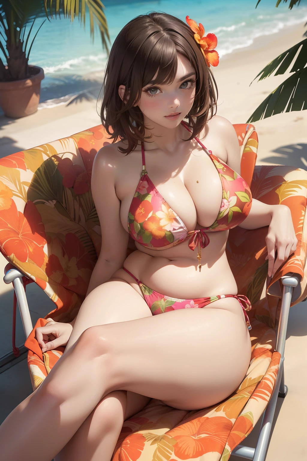 (masterpiece, best quality, ultra-detailed, 8k, wallpaper, photorealistic), (medium shot, from above), ((voluptuous body:1.5)), perfect hands, perfect anatomy, (large cleavage), ((Kate Upton)), ((brunette hair with caramel highlights, short hair)), ((sensual pose)), ((poolside)), ((resting on lounge chairs, crossed-legs)), (wears see-through bikini top is a classic triangle style, adorned with a vibrant tropical floral print featuring detailed palm leaves, exotic flowers in shades of pink, red, and orange, and subtle wildlife motifs), (designed for a customizable fit with adjustable string ties at the neck and back, and it exudes an extra touch of luxury with small gold-tone metal accents at the string ends), (see-through bikini bottom is a classic low-rise style), (complements the top's vibrant tropical floral print with the same intricate design elements, including palm leaves, exotic flowers, and subtle wildlife motifs)