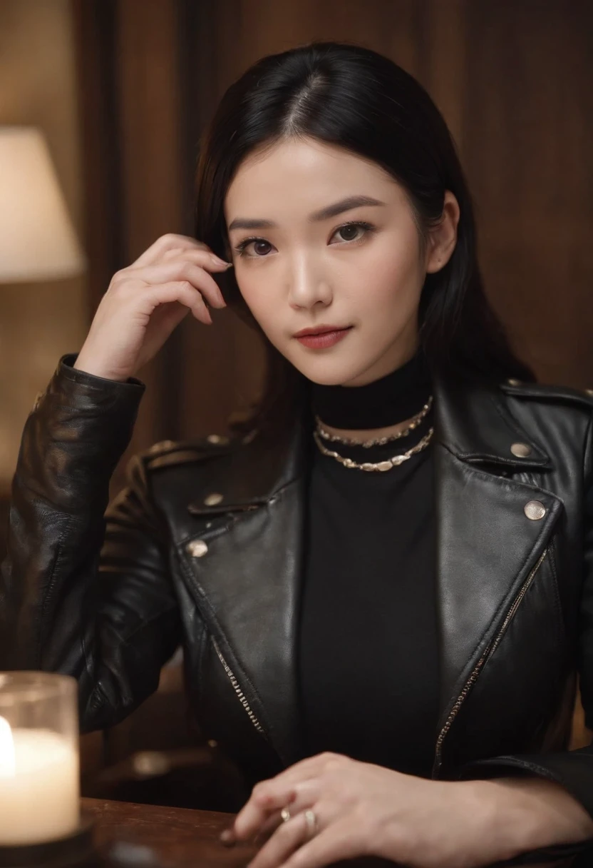 Both hands are covered with black leather gloves up to the fingertips, upper body, black leather double rider jacket, slender necklace, beautifully bundled black hair, young and cute Japanese president's room, sitting on a black leather chair at a desk