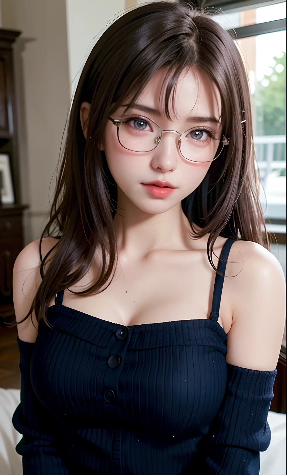 8k, masterpiece, RAW Photos, highest quality, Realistic, Highly detailed CG Unity 8k wallpaper, Written boundary depth, Cinematic Light, Ray Tracing，(Very beautiful face, Beautiful Lips, Beautiful Eyes), (dense beautiful skin) ,  One Girl, Very cute 14 year old Japanese girl,  1 girl, Always wears glasses, (Very slim figure:1.3),   body type, Young body, Young face, Big Breasts, Very large breasts, Very huge and soft bust， 120cmＪCup Bust, Small Ass, Beautiful black long hair, Wearing pajamas, Realisticでリアルな日本のマンションの寝室,  Lying on the bed,  Side decubitus position，Finally, a cute photoshoot