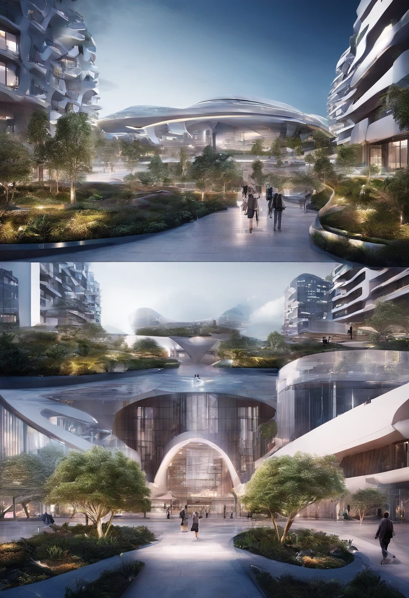 Urban design of the future,The shape of the building is special,There is a sense of design,aestheticly pleasing,Renderings,There are flowers,There are greenery, Rich in color