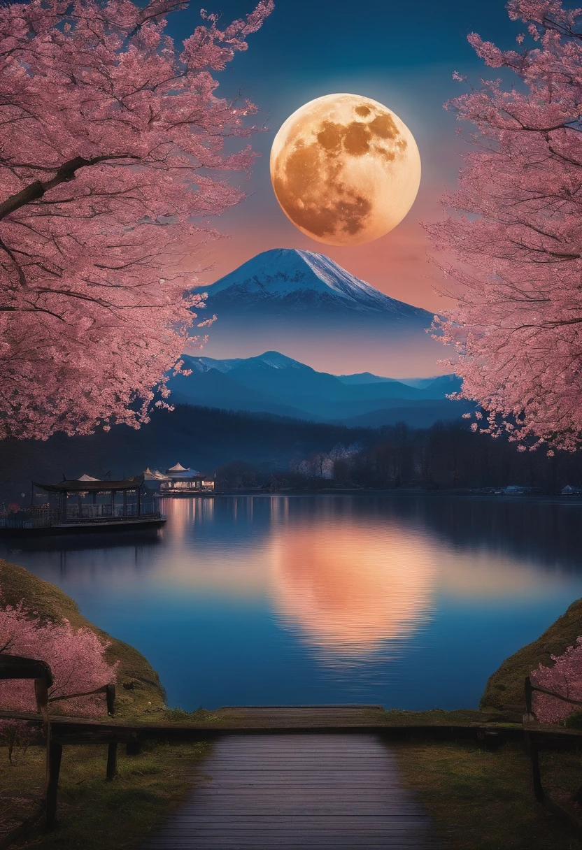 themoon,das boot,the cherry trees,buliding,Behind is the mountain,There are gazebos on both sides,
