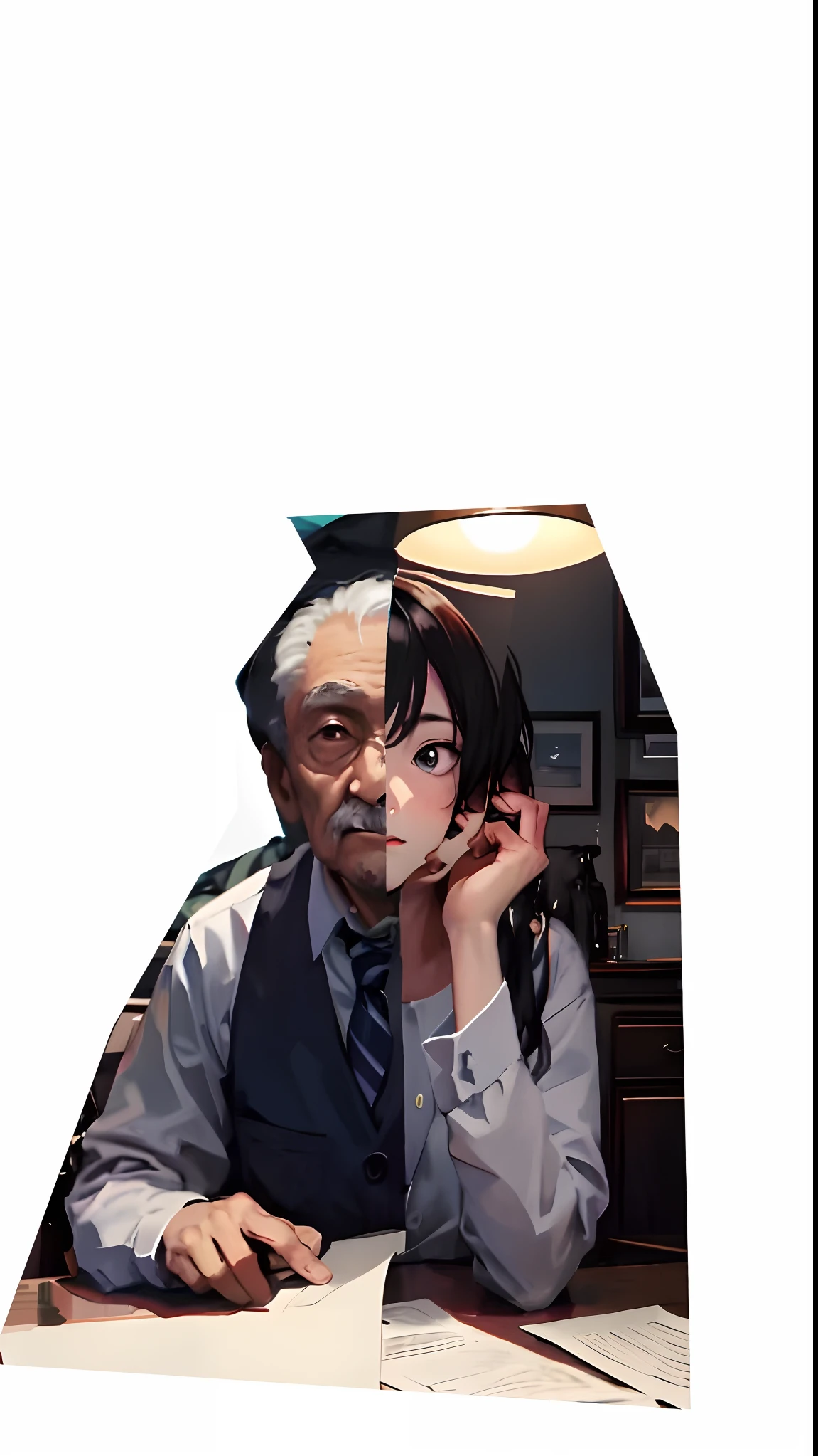 The background environment of the 80s of the last century,Two faces of a person, a young girl with long hair on one side and an old man on the other