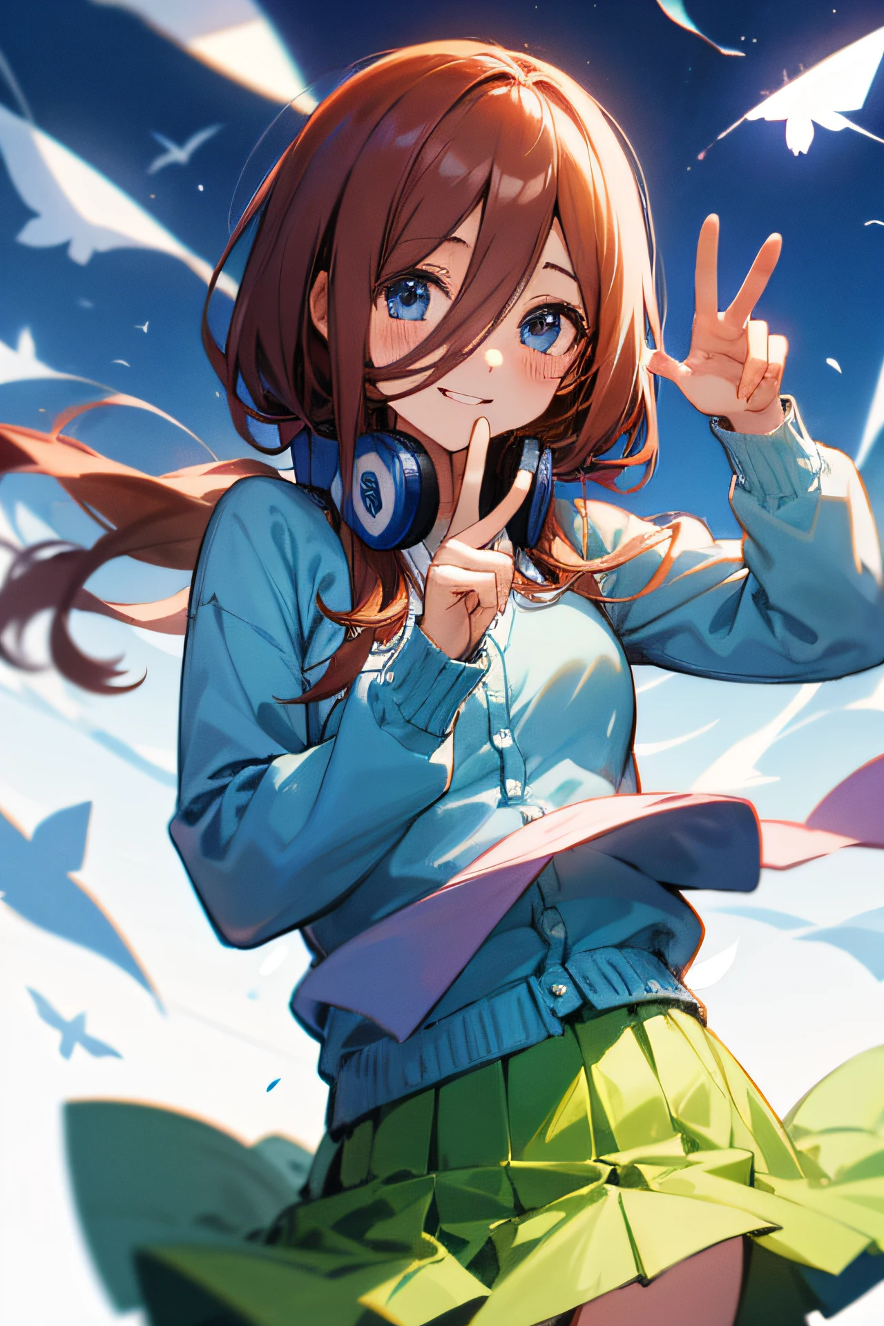 Miku Nakano、Brown hair、head phone、a smile、piece sign、Blue cardigan、white  shirt、Green skirt、white backgrounid、Fluttering in the wind、Contre-Jour