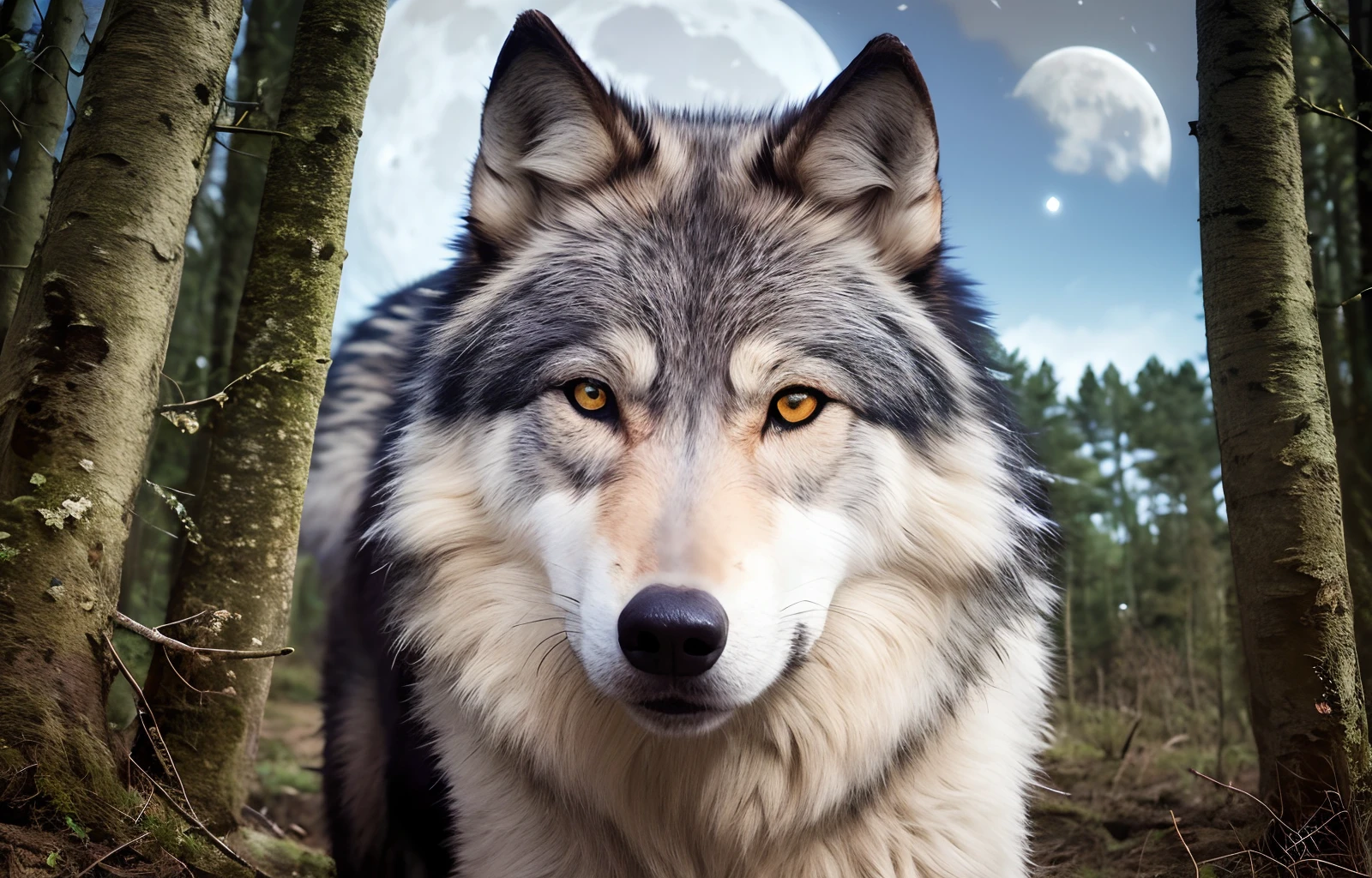 Photo 1 Old wolf with eye injury, looking into the distance, Behind the Big Bright Moon, dense woodland, Photo-realistic, super sharp, 4k, Top-notch art, --auto --s2