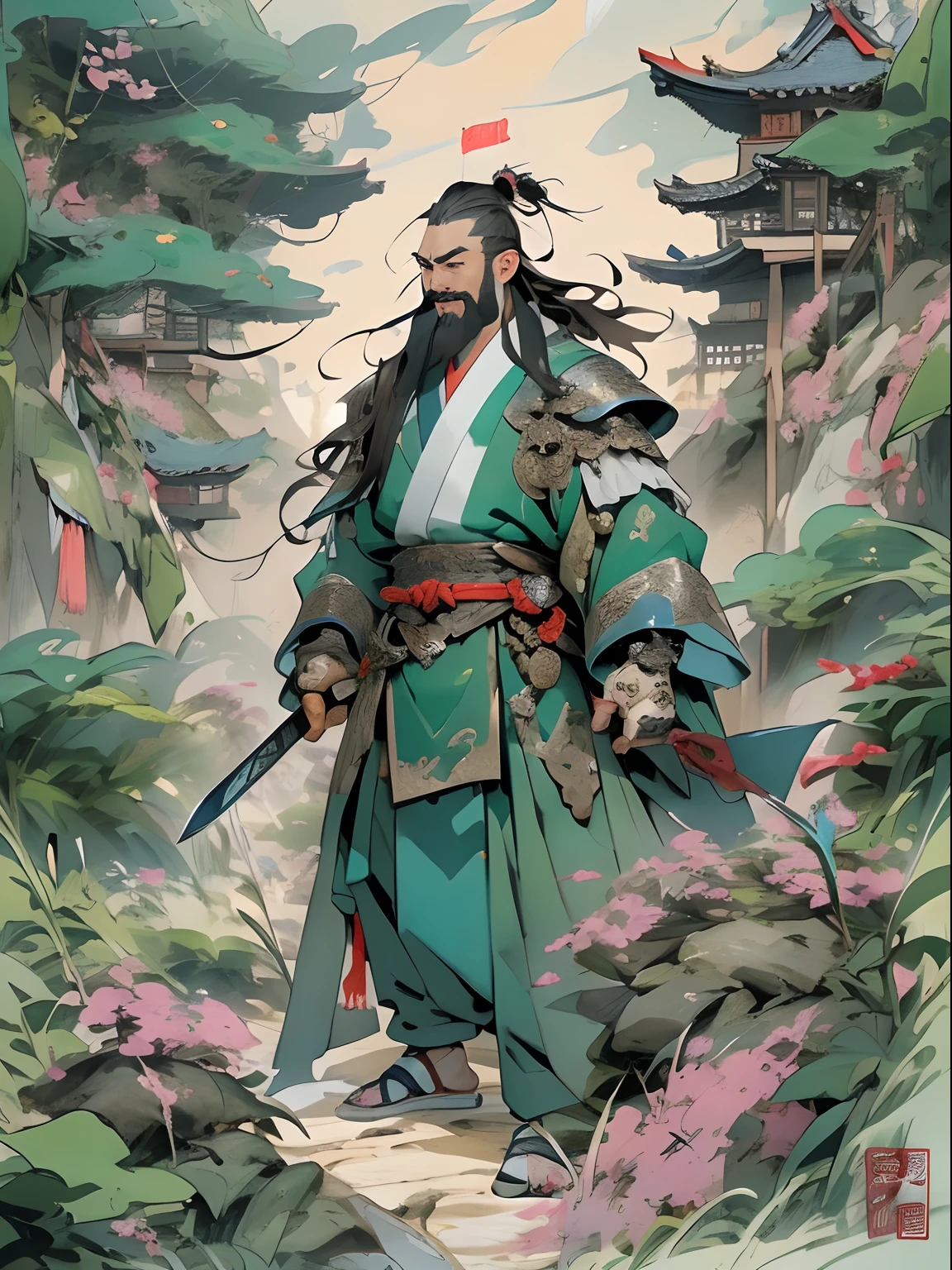 (((China-style，Ink painting method，Half-length portrait，Intense color，Han dynasty, China，Hanfu，Armor，Guan yu，Guan Yunchang，of a guy，Ruddy killing square face，Hold the Blue Dragon Moon Knife in his right hand，Stroke your beard with your left hand，Long hair，petty eyes，Green robe))), (((best qualityer))), (((tmasterpiece))), (((AS-Adult))), ((( Japanese ))), Look up from your knees, Handsome Asian samurai，perfect body figure, Modern samurai, ((( Asian))), Wear gloves on your hands，The left arm is made of steel and metal tips，Made of protective devices, The eyes are pulled, (( Appears below the chest )), (( Small dental floss )), Simon Bisley, Almost naked（Simon Bisley）Castle City Wilderness，For high-resolution posters, hair straight, Minimum clothing, armure (Crazy clothes ), Full of tips and rivets, tribal tattoos, (((full bodyesbian))), Straight brunette hair，Colored hair ends