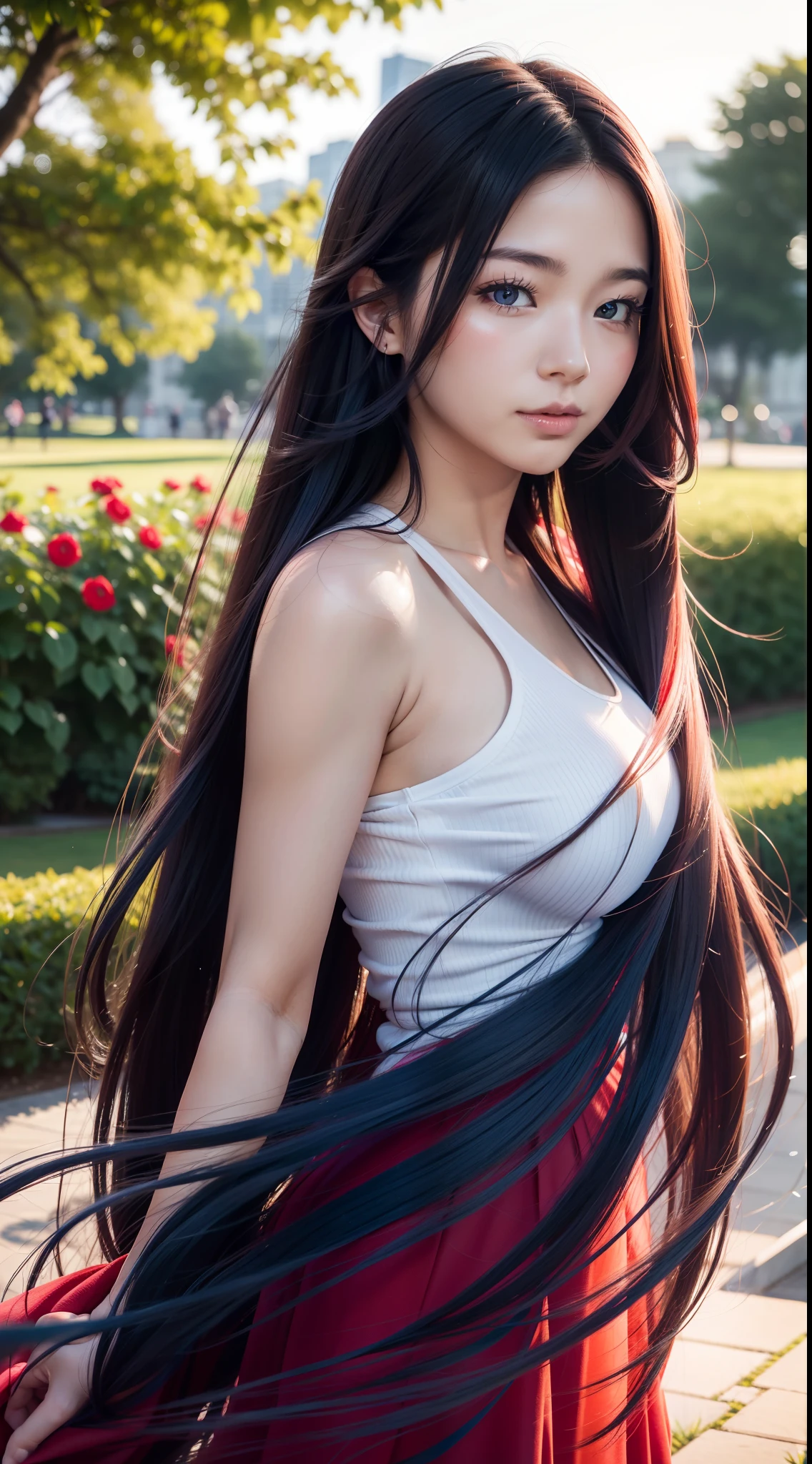 Best quality, A high resolution, Ultra-detailed, Realistic, Beautiful red to blue gradient wavy long hair blowing on a woman's serene face in a soft breeze, Long flowing hair was lifted, Vibrant flowers in the background of the park, Close-up shot
