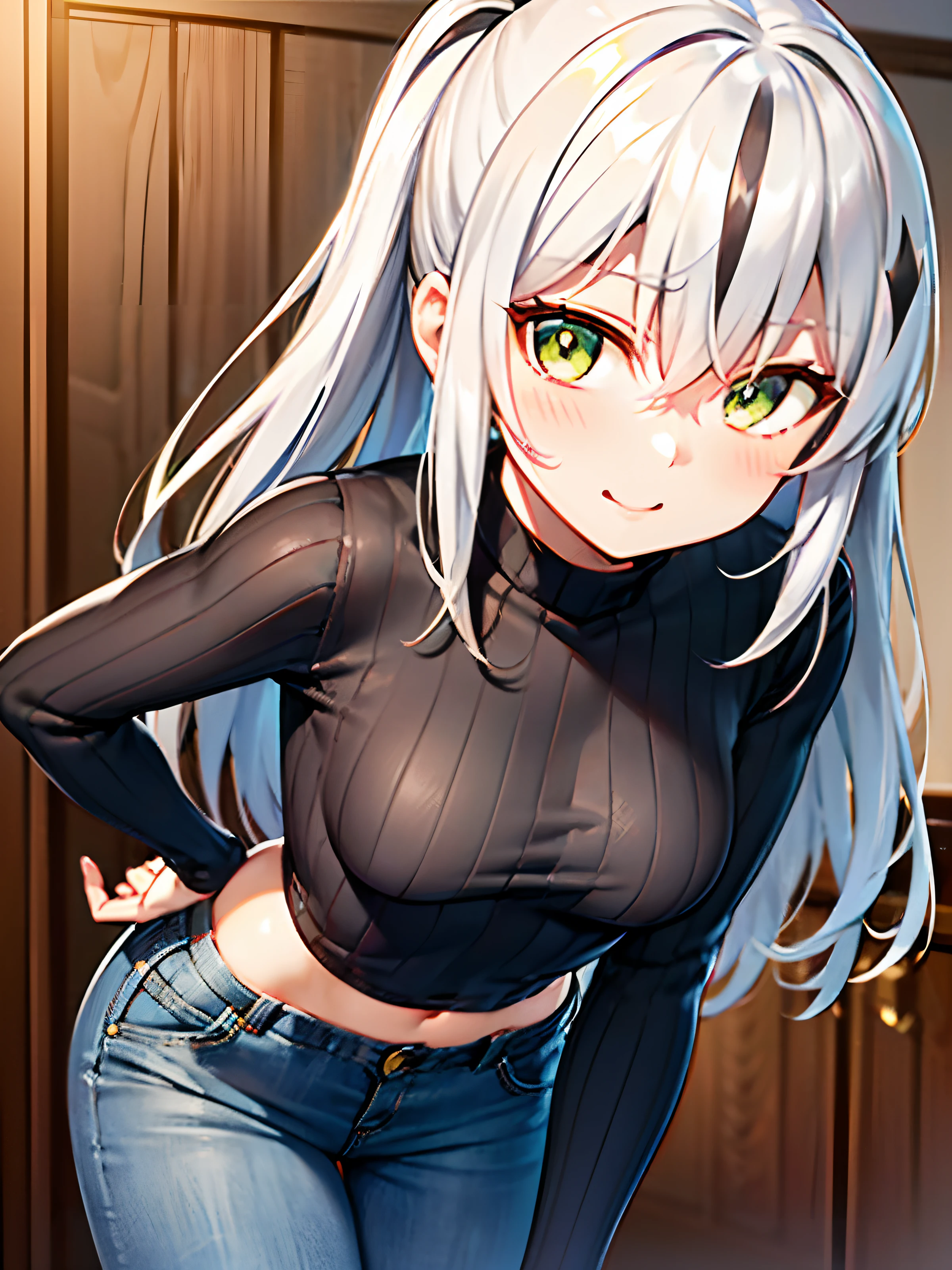 (top-quality)、(​masterpiece)、(ighly detailed)、face perfect、(Top image quality)、Beautiful fece、White hair、poneyTail、length hair、Dark green eyes、super-detaild skin、Sweaters、Long jeans、good hip line、depth of fields、Seductive face、embarrassed from、细致背景、Soft lighting、High-precision needle、