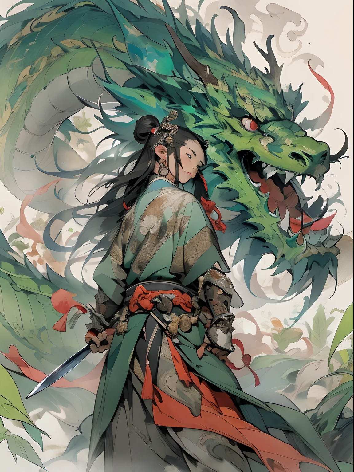 (((China-style,Ink painting method,Half-length portrait,Intense color,Han dynasty, China,Hanfu,Armor,Guan yu,Guan Yunchang,of a guy,Ruddy killing square face,Hold the Blue Dragon Moon Knife in his right hand,Stroke your beard with your left hand,Long hair,petty eyes,Green robe))), (((best qualityer))), (((tmasterpiece))), (((AS-Adult))), ((( Japanese ))), Look up from your knees, Handsome Asian samurai,perfect body figure, Modern samurai, ((( Asian))), Wear gloves on your hands,The left arm is made of steel and metal tips,Made of protective devices, The eyes are pulled, (( Appears below the chest )), (( Small dental floss )), Simon Bisley, Almost naked(Simon Bisley)Castle City Wilderness,For high-resolution posters, hair straight, Minimum clothing, armure (Crazy clothes ), Full of tips and rivets, tribal tattoos, (((full bodyesbian))), Straight brunette hair,Colored hair ends