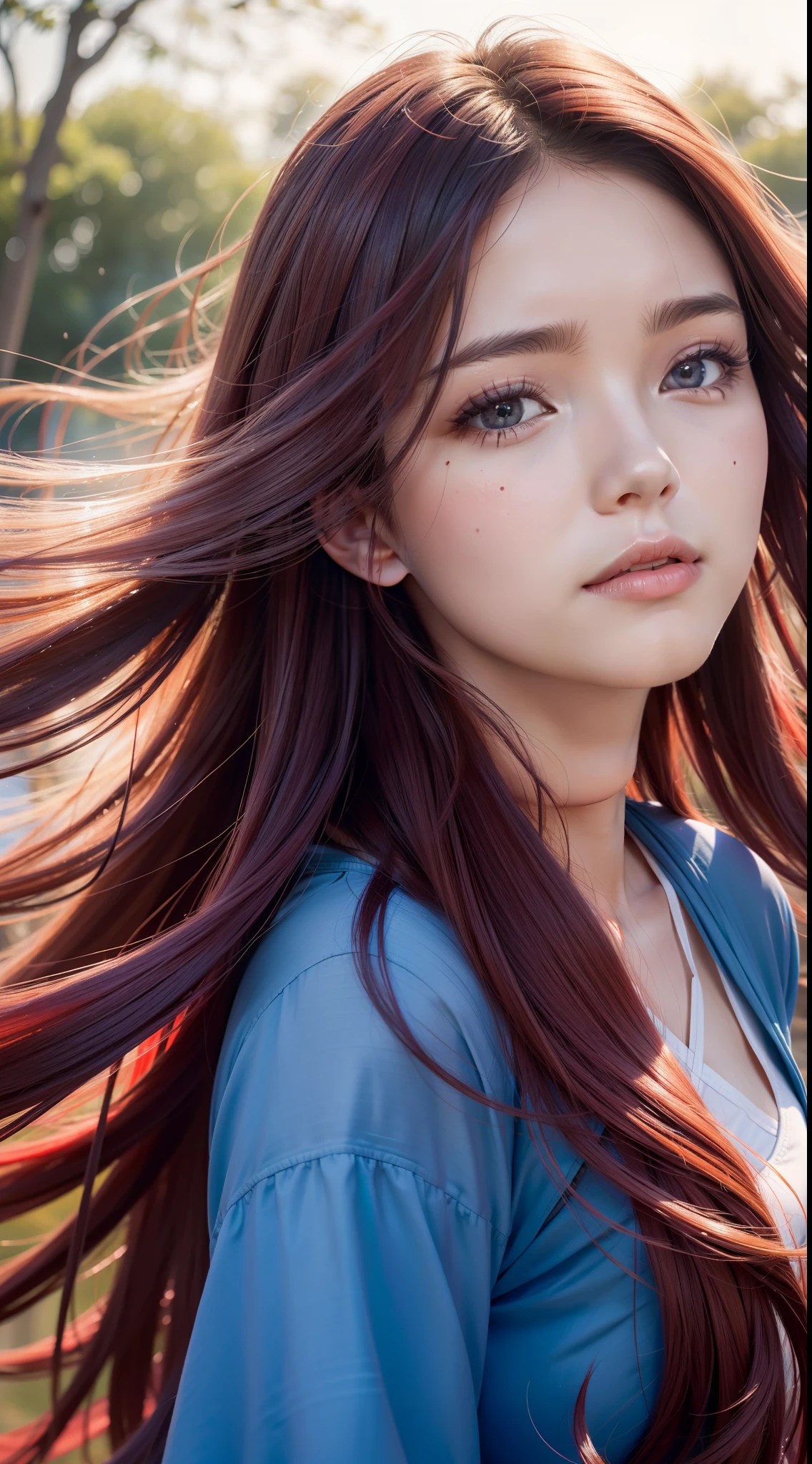 Best quality, A high resolution, Ultra-detailed, Realistic, Beautiful red to blue gradient wavy long hair blowing on a woman's serene face in a soft breeze, Long flowing hair was lifted, Vibrant flowers in the background of the park, Close-up shot