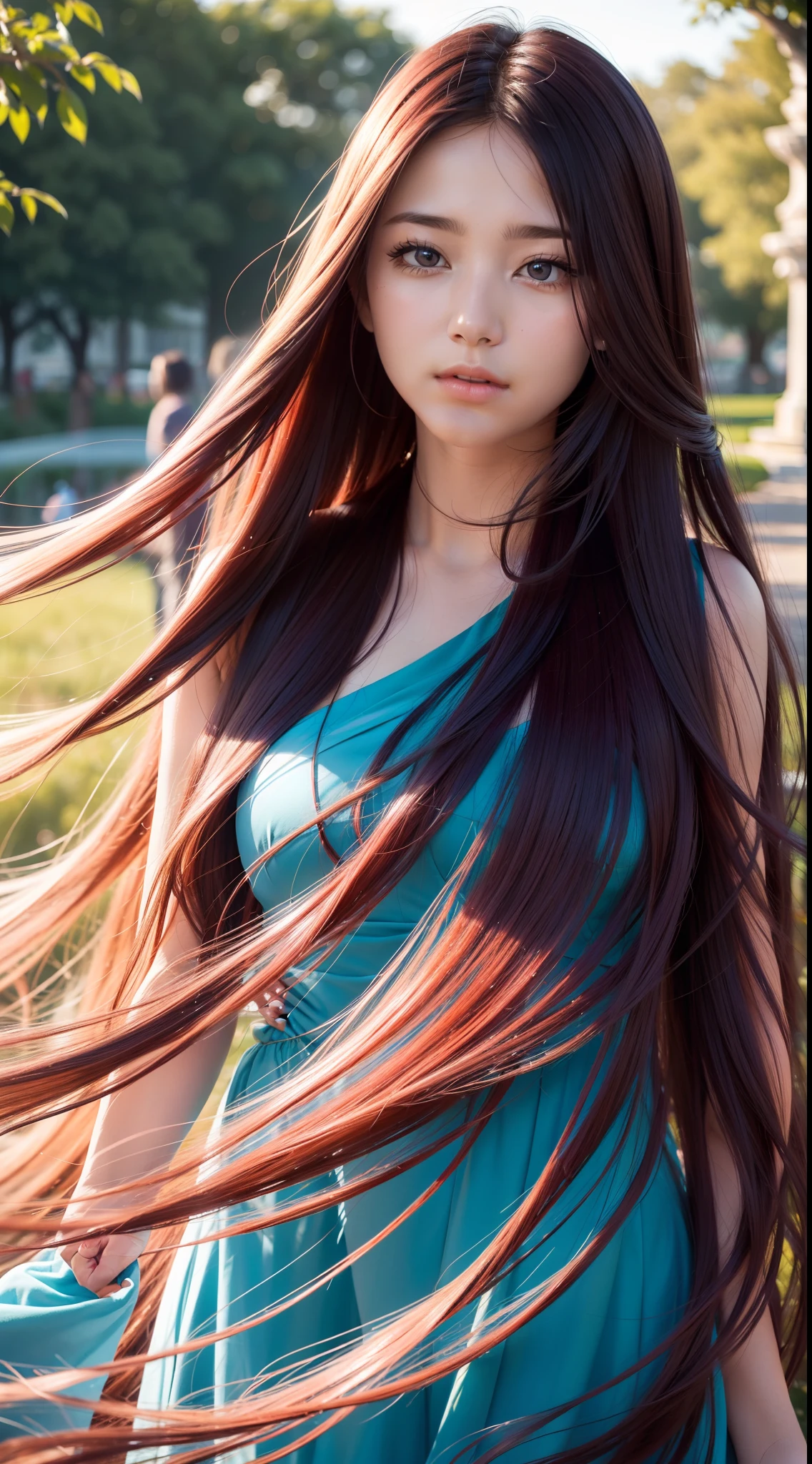 Best quality, A high resolution, Ultra-detailed, Realistic, Beautiful red to blue gradient wavy long hair blowing on a woman's serene face in a soft breeze, Long flowing hair was lifted, Vibrant flowers in the background of the park, Close-up shot