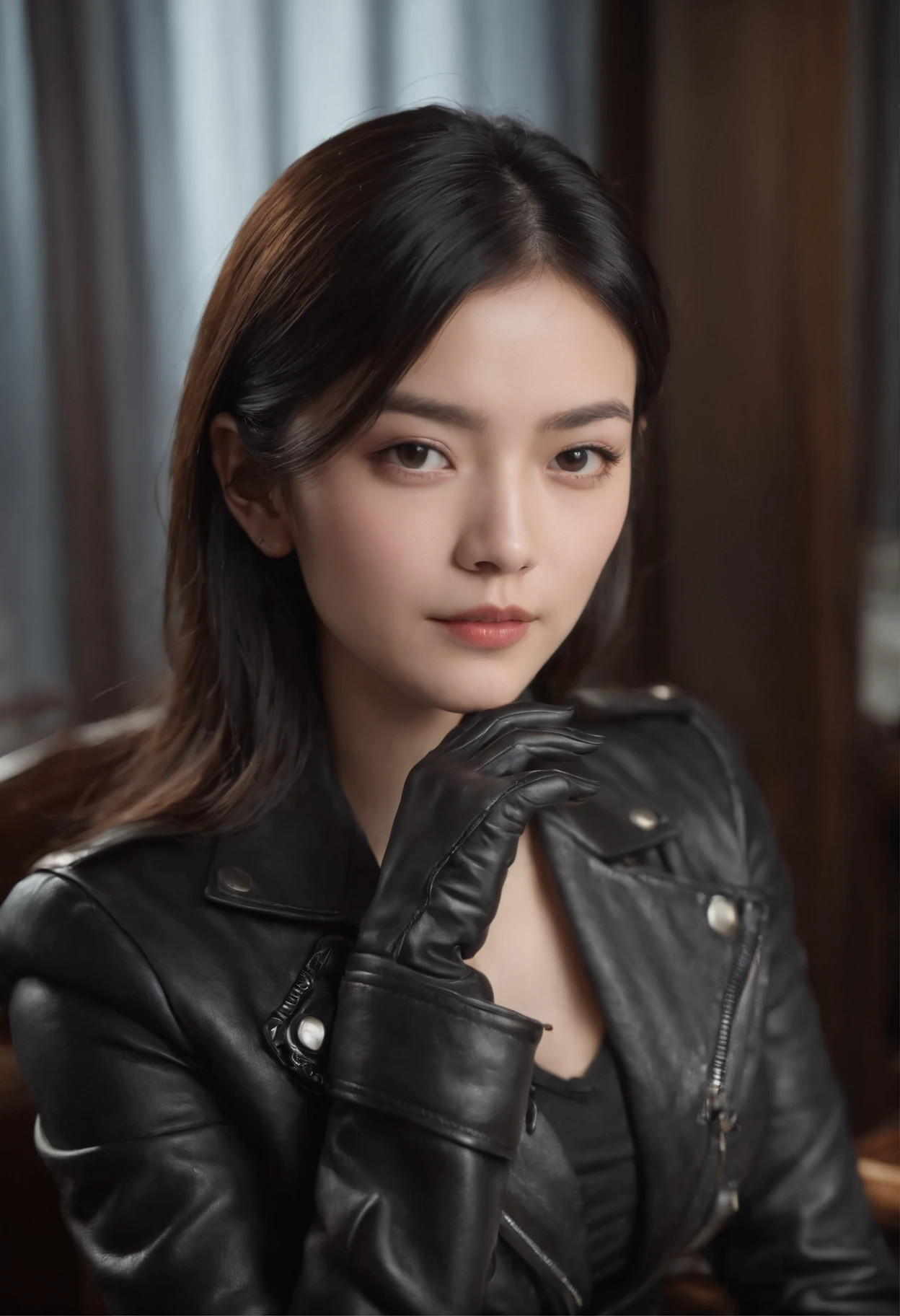 Both hands are covered with black leather gloves up to the fingertips, upper body, black leather double rider jacket, slender necklace, beautifully bundled black hair, young and cute Japanese president's room, sitting on a black leather chair at a desk