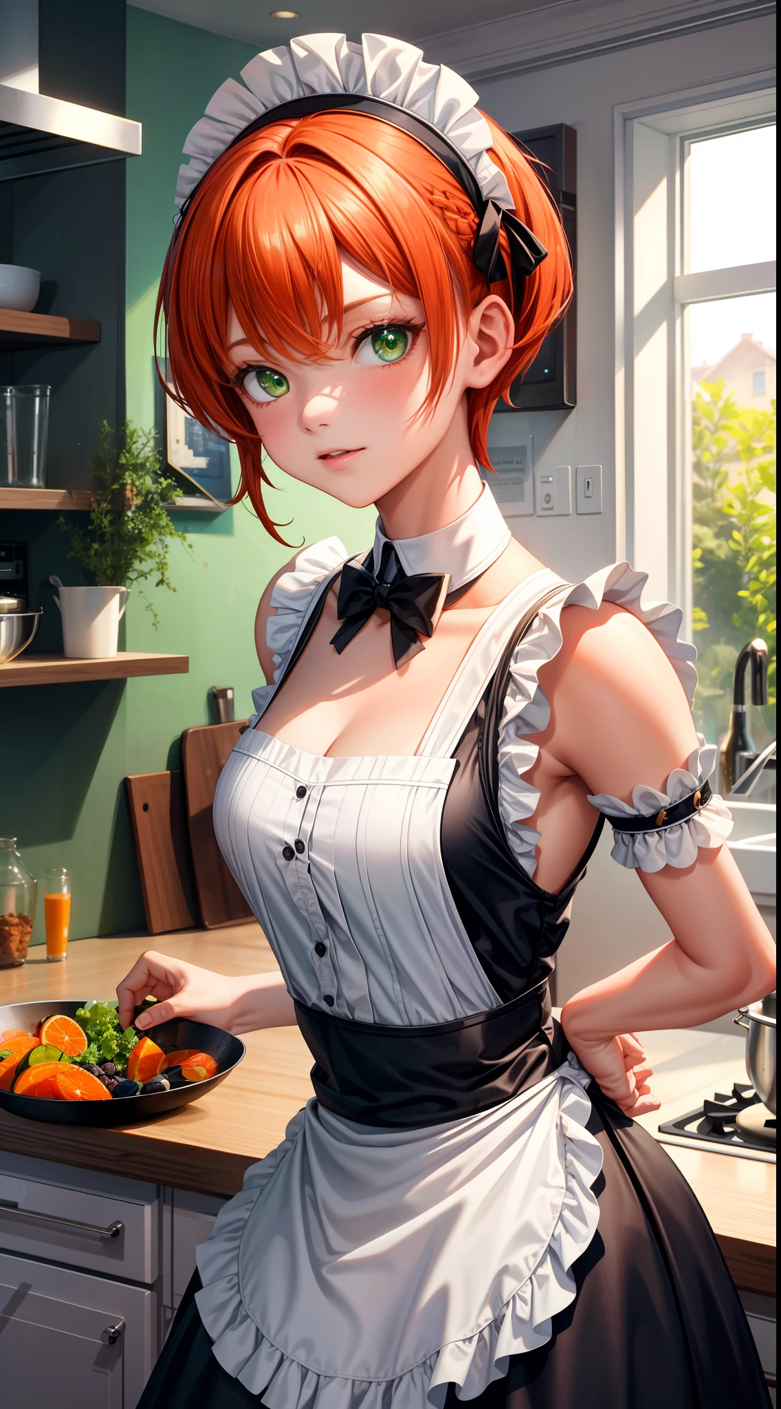 photo of th3r0ck as a playful maid, 1girl, undercut hair, apron, amazing body, pronounced feminine feature, busty, kitchen, orange medium hair, green eyes, flirting with camera