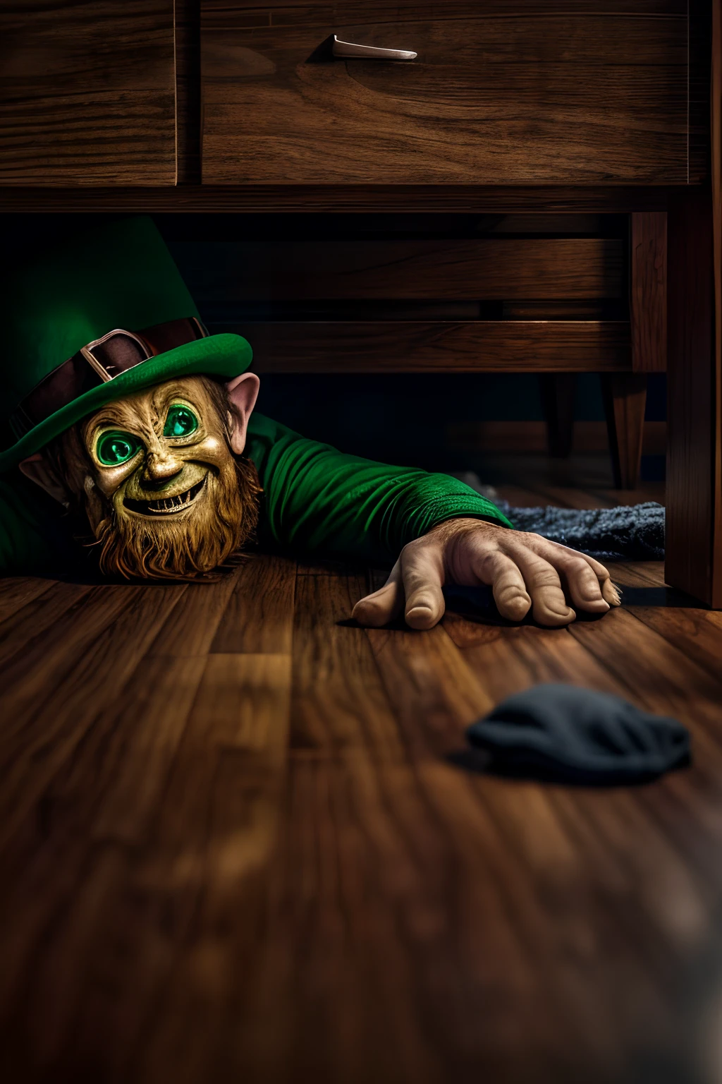Photo (creepy) leprechaun hiding under bed, bedroom,  wood floor, flash photography, detailed, high quality, highres, 8k, high saturation
