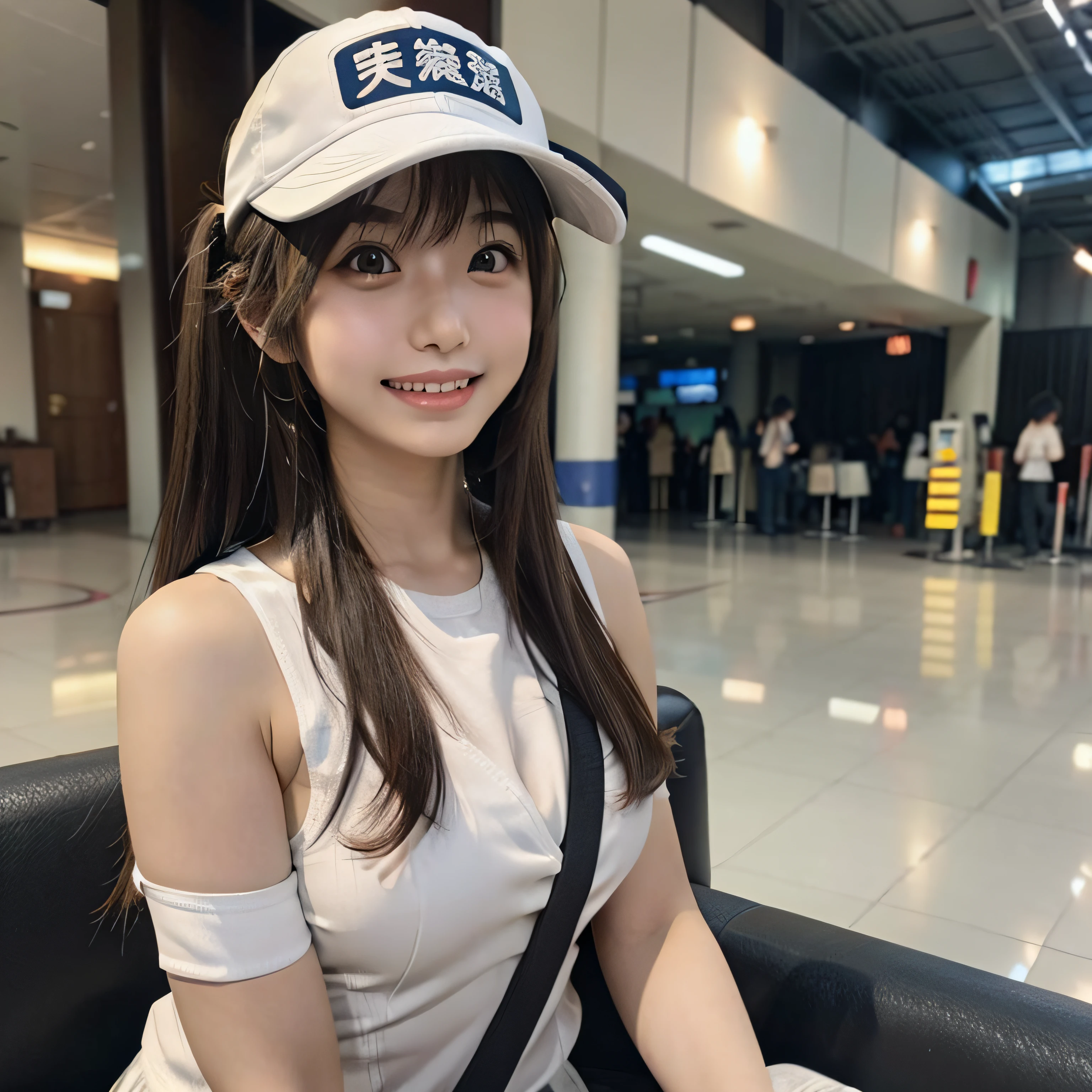 1girl in, Long Xiao (kancolle), Solo, Brown hair, Twin-tailed, Brown eyes, Visor Cap, magatama, Open mouth, aircraft, Smile, Planes, Background Airport, Upper body, Long hair