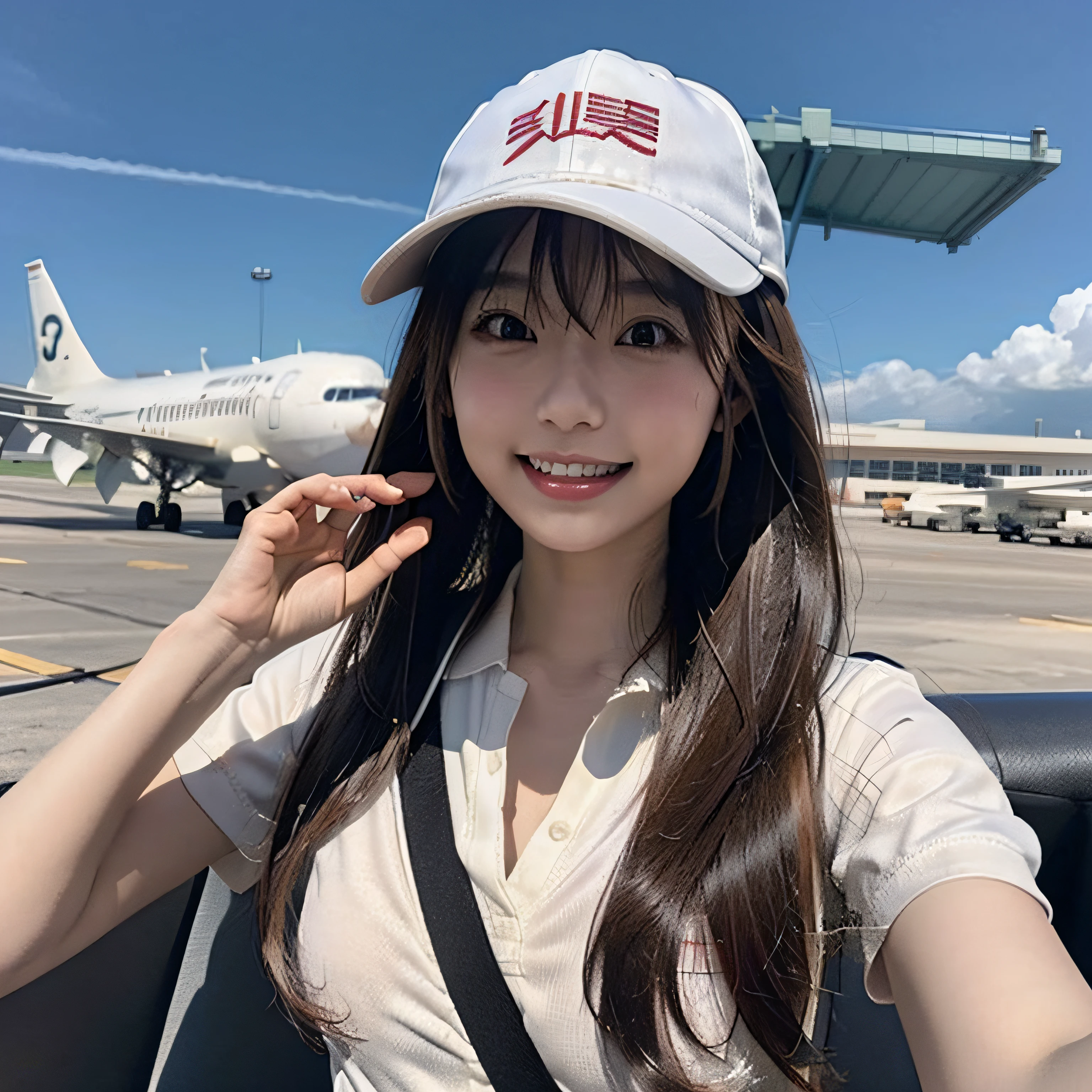 1girl in, Long Xiao (kancolle), Solo, Brown hair, Twin-tailed, Brown eyes, Visor Cap, magatama, Open mouth, aircraft, Smile, Planes, Background Airport, Upper body, Long hair