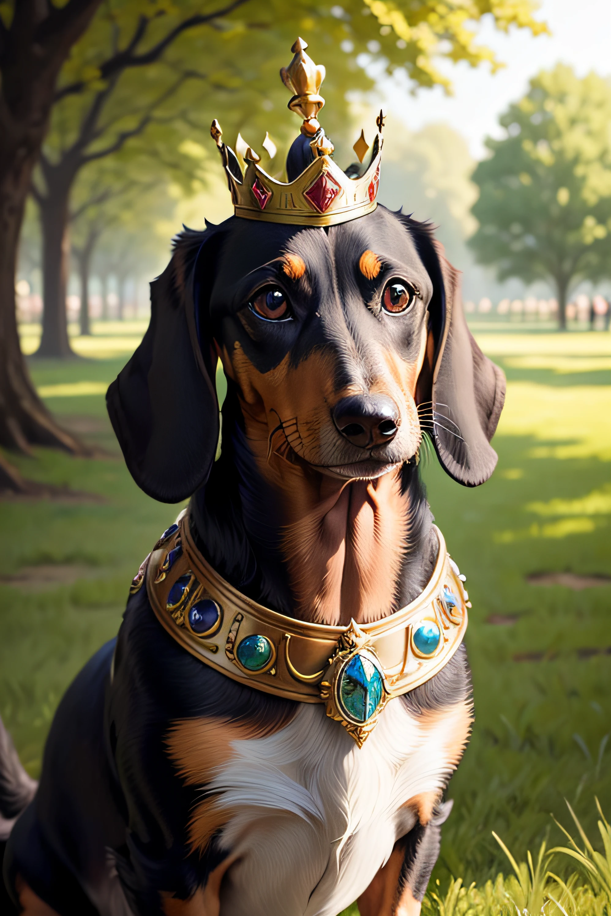 a DACHSHUND WEARING A CROWN MEDIEVAL OILPAINTING MAJESTIC IN THE PARK