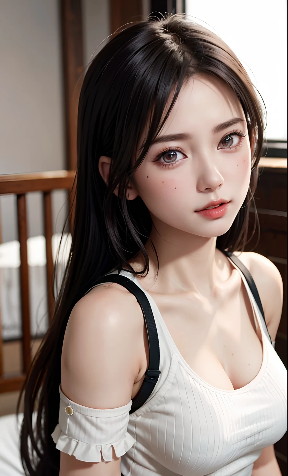 exquisite face，Elaborate Eyes，Wet sheer shirt open，Small breasts、no underwares、Black head、adolable，The upper part of the body、The mouth opens in an O-shape