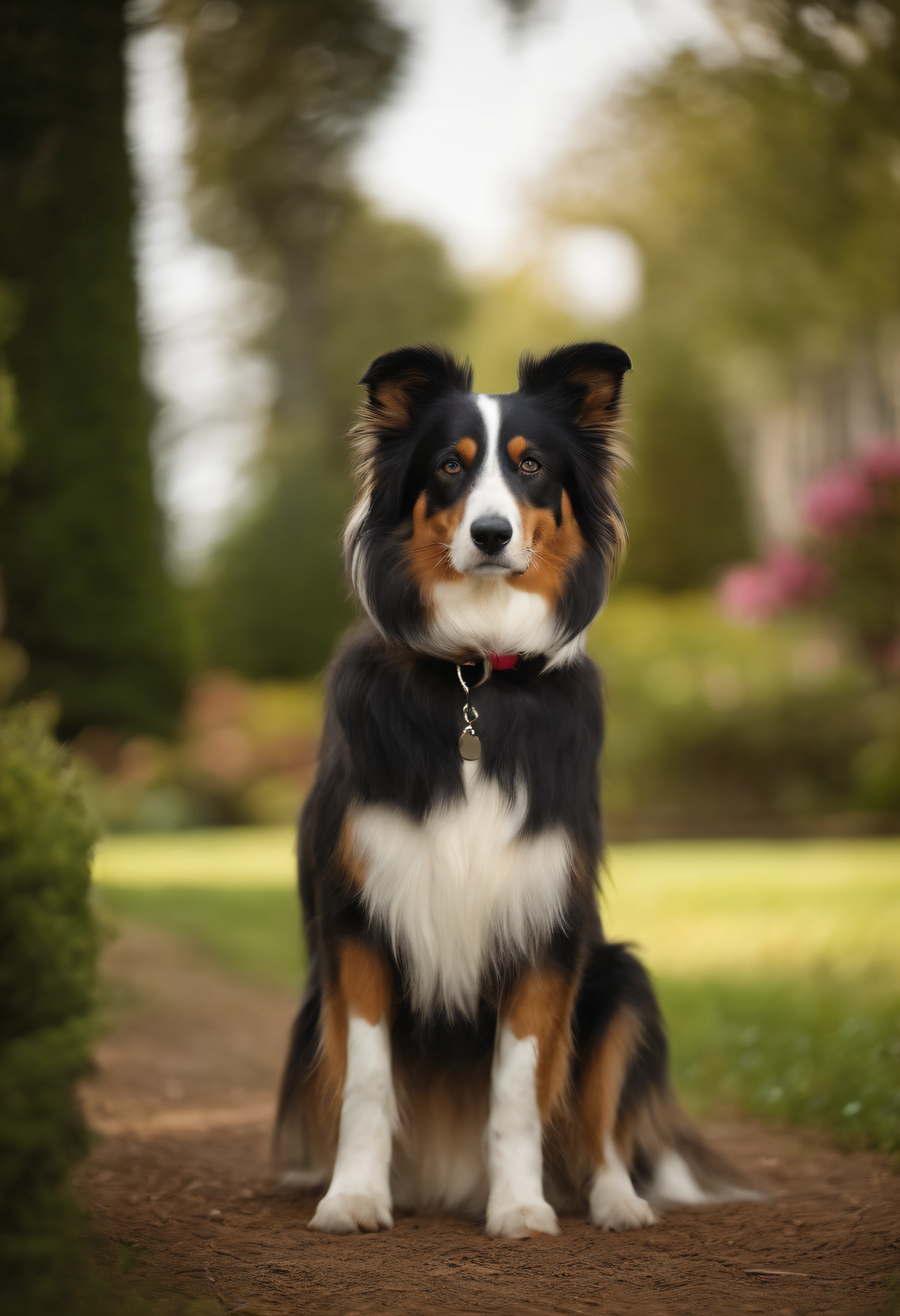there is a dog that is standing in a baroque palace garden half dog, aussie, canine, nag, extremely handsome, regal pose, adult dog, long wavy fur, 2 years old, portrait image, border collie, fluffy ears and a long, mid shot portrait, large portrait, happy dog, medium breed, ultra realistic, high details, high definition