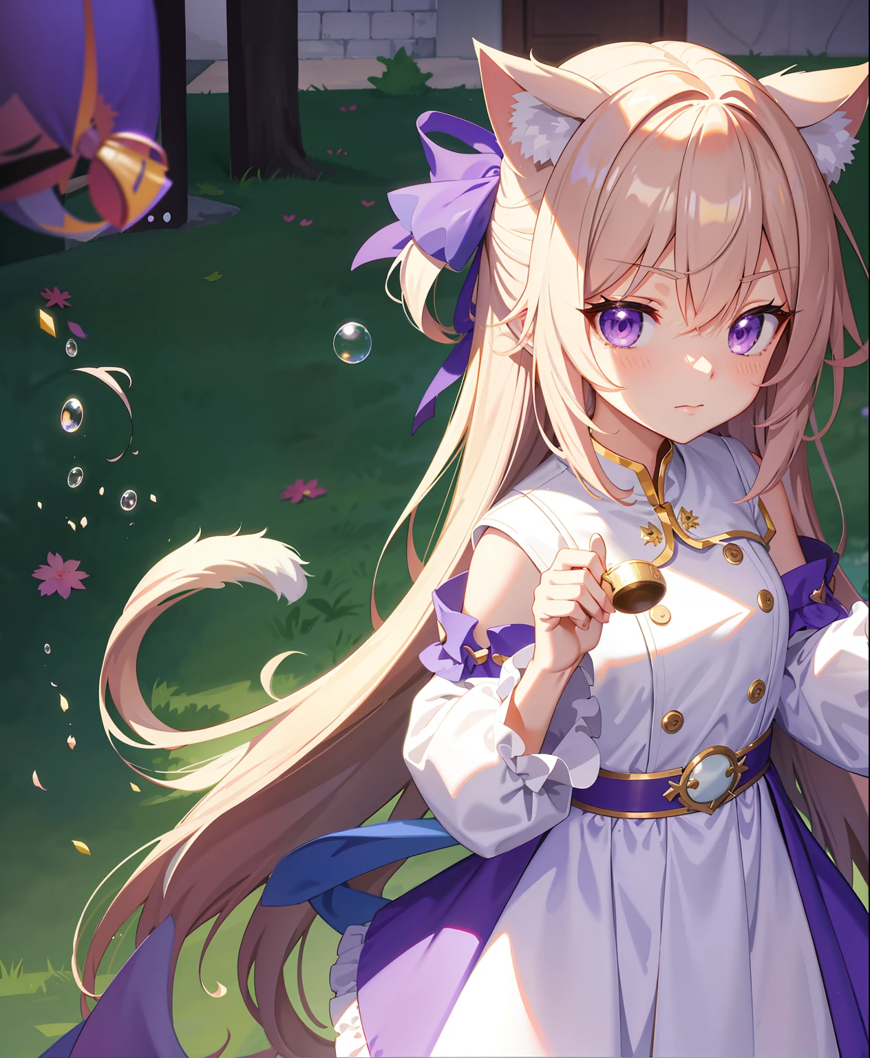 Anime girl wearing white dress，Long hair and purple dress, Ayaka Genshin impact, cute anime waifu in a nice dress, Splash art anime Loli, Kushatt Krenz Key Art Women, loli in dress, Detailed key anime art, anime moe art style, small curvaceous loli, alchemist girl, ayaka game genshin impact