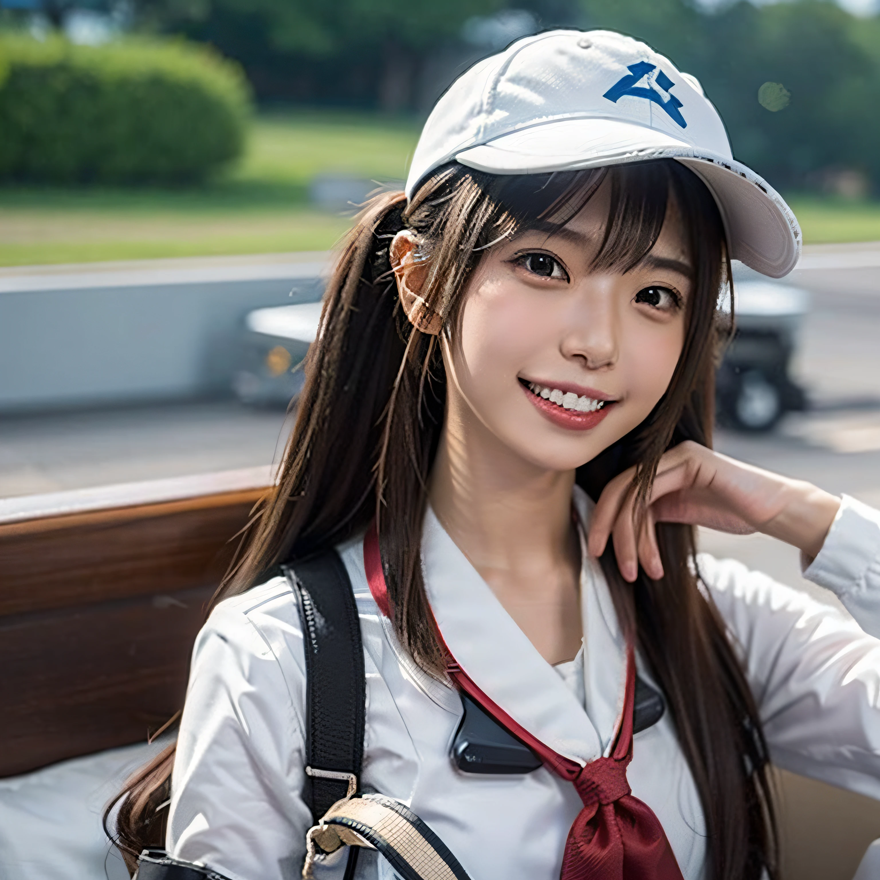 1girl in, Long Xiao (kancolle), Solo, Brown hair, Twin-tailed, Brown eyes, Visor Cap, magatama, Open mouth, aircraft, Smile, Planes, Background Airport,  Upper body, Long hair