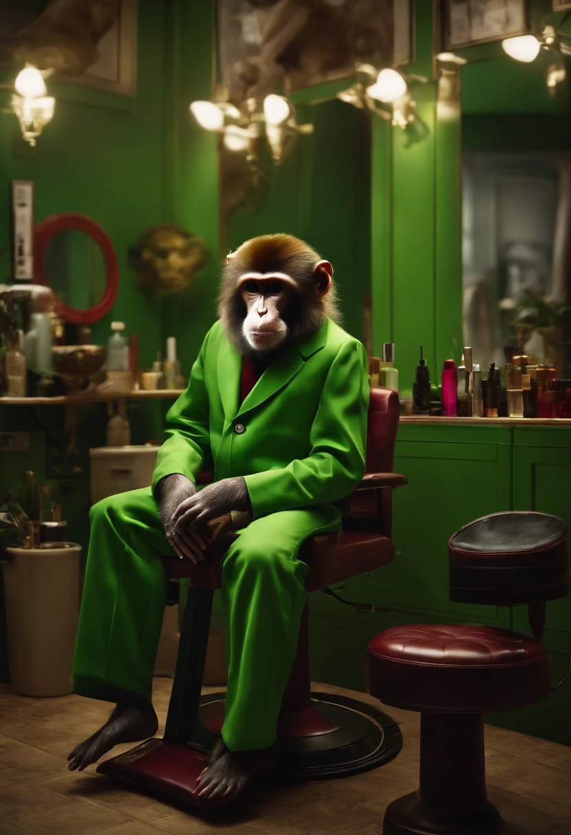 "Humanoid monkey hairdresser in his salon waiting for his clients" (realistic illustration) VERDE , VERMELHO